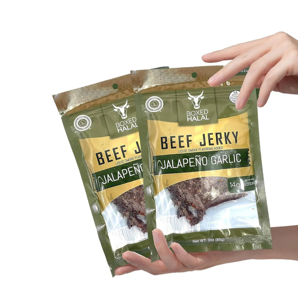 BOXED HALAL Premium 100% Grass-Fed Jalapeño Garlic Beef Jerky, 13g Protein, Keto Friendly, 3 Oz. Bags (3 Pack) G829