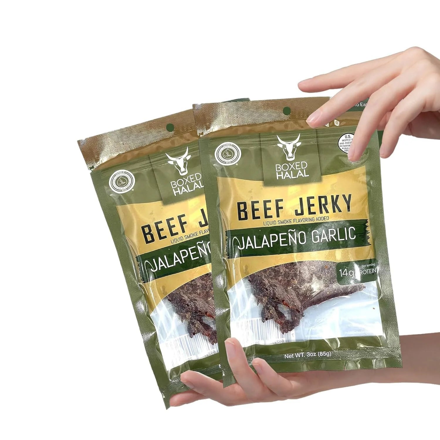 BOXED HALAL Premium 100% Grass-Fed Jalapeño Garlic Beef Jerky, 13g Protein, Keto Friendly, 3 Oz. Bags (3 Pack) G829