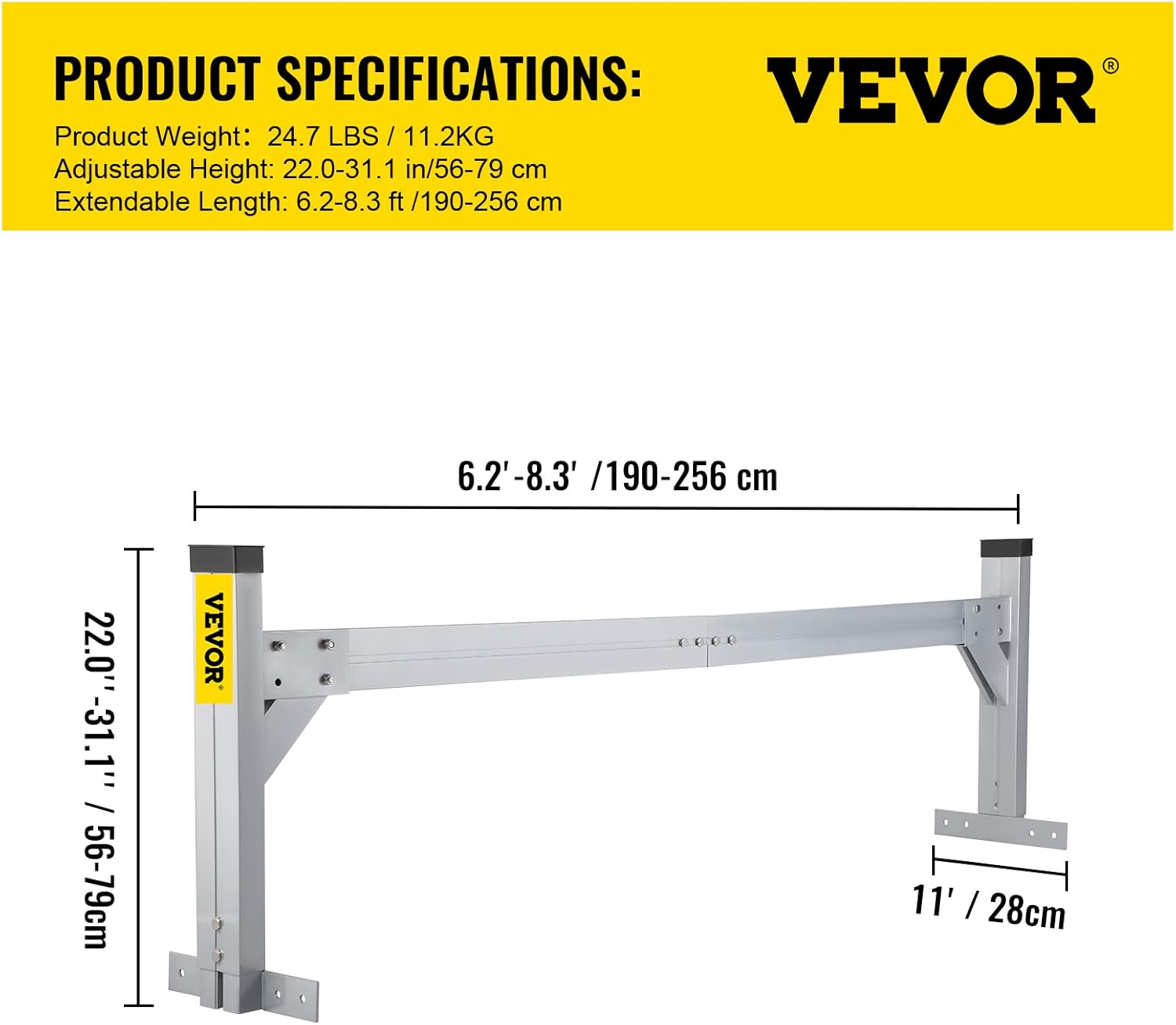 VEVOR Universal Roof Ladder Rack for Vans, 2 Bars Adjustable Aluminum, 330 LBS Capacity J68281