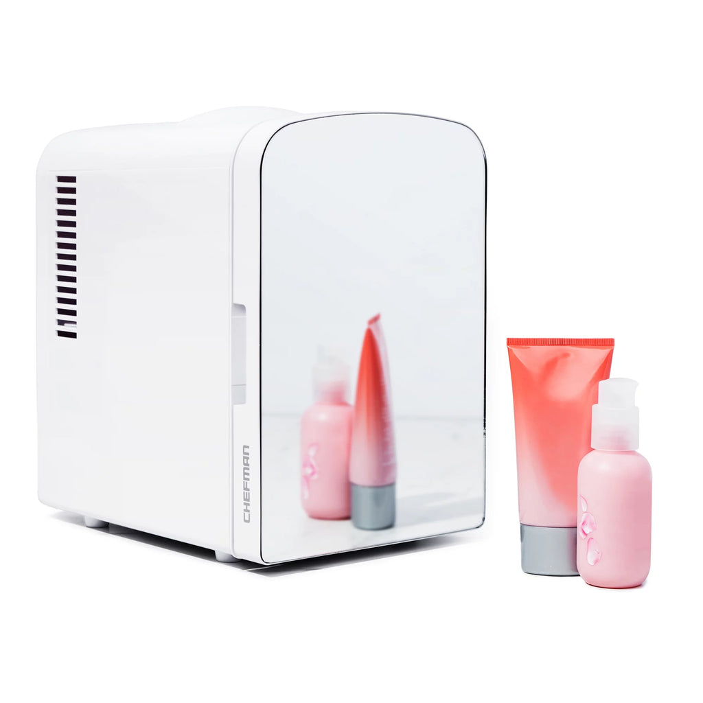 Chefman Portable Mirrored 4L Mini Fridge with Heating and Cooling, Pink R63610