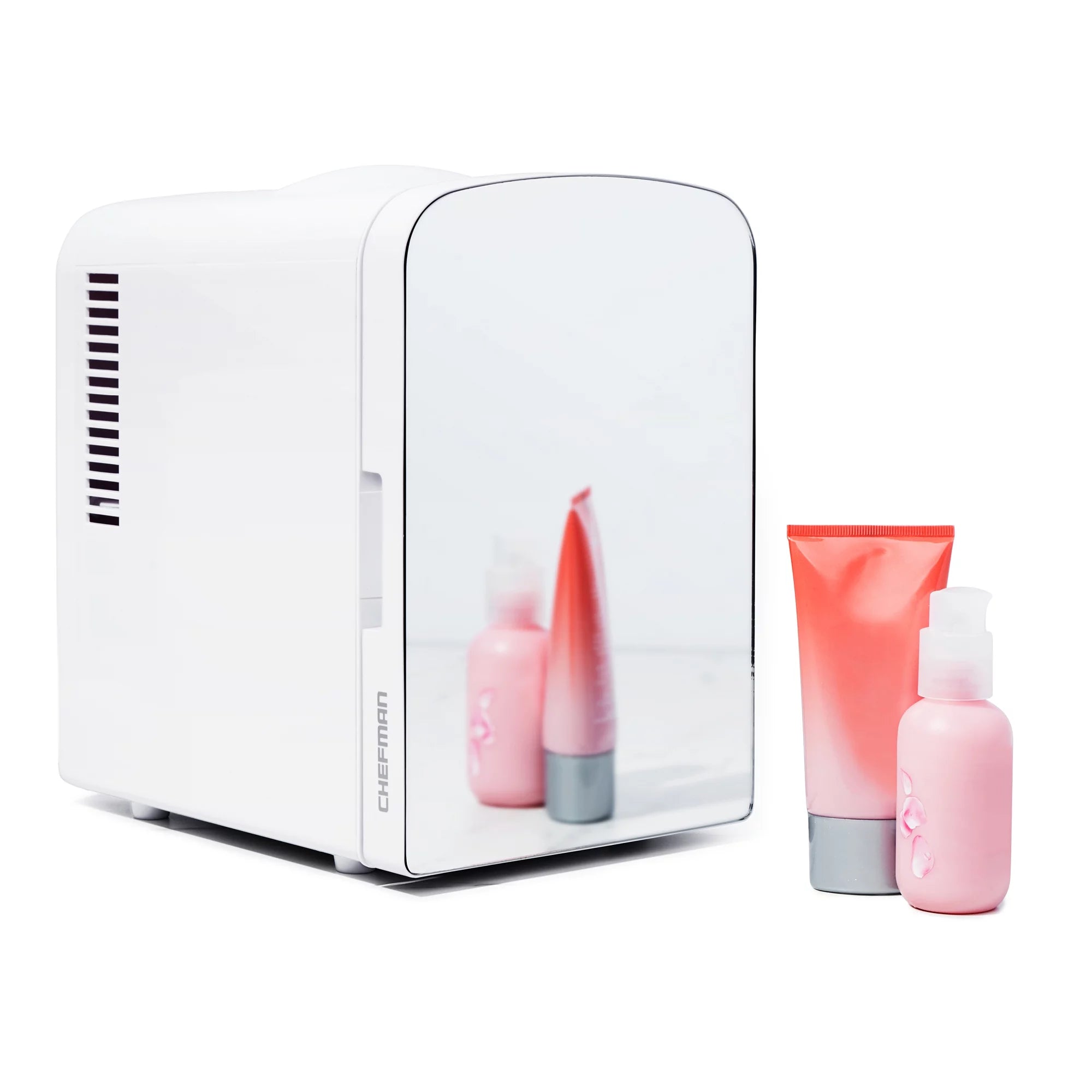 Chefman Portable Mirrored 4L Mini Fridge with Heating and Cooling, Pink R63610