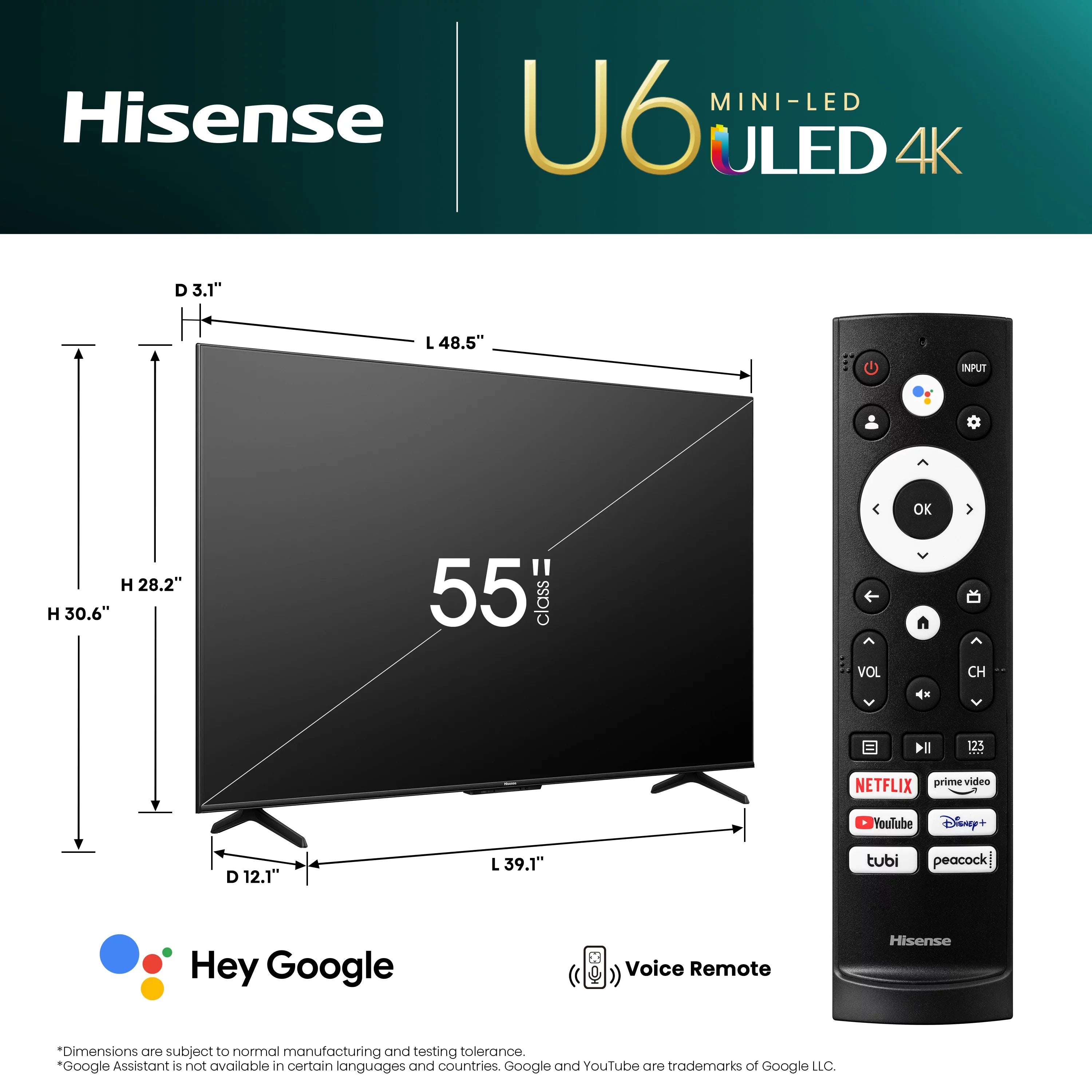 Hisense 55-Inch Class U6 Series Mini-LED QLED Google Smart TV (55U6K) M29951