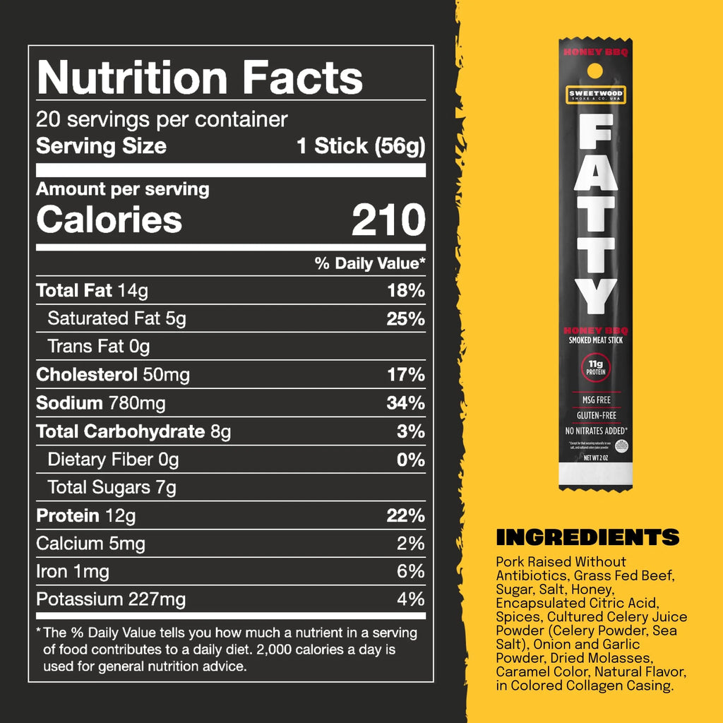 FATTY Meat Jerk Sticks, Grass-Fed Beef, Honey BBQ, 2 oz (Pack of 20) G284