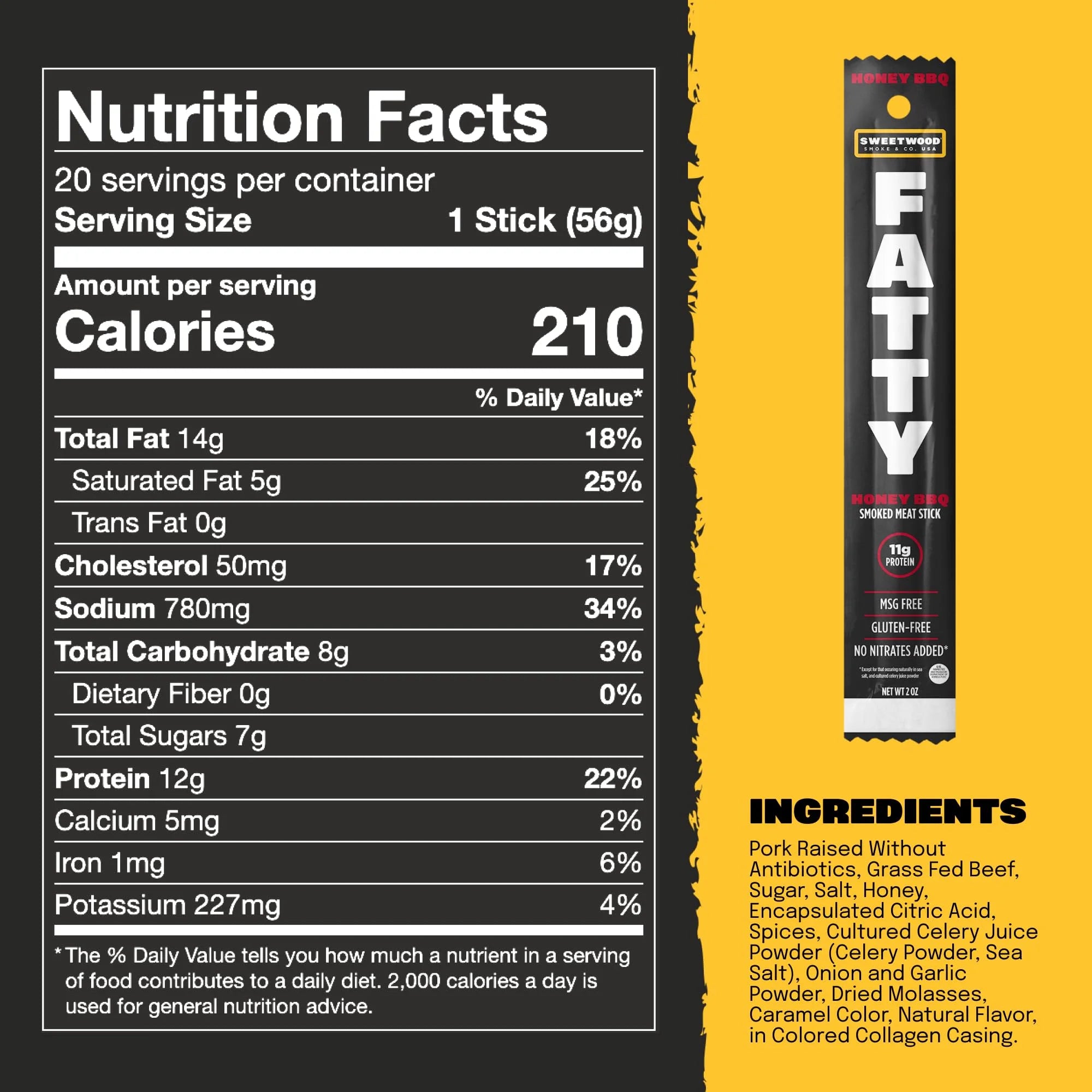 FATTY Meat Jerk Sticks, Grass-Fed Beef, Honey BBQ, 2 oz (Pack of 20) G284
