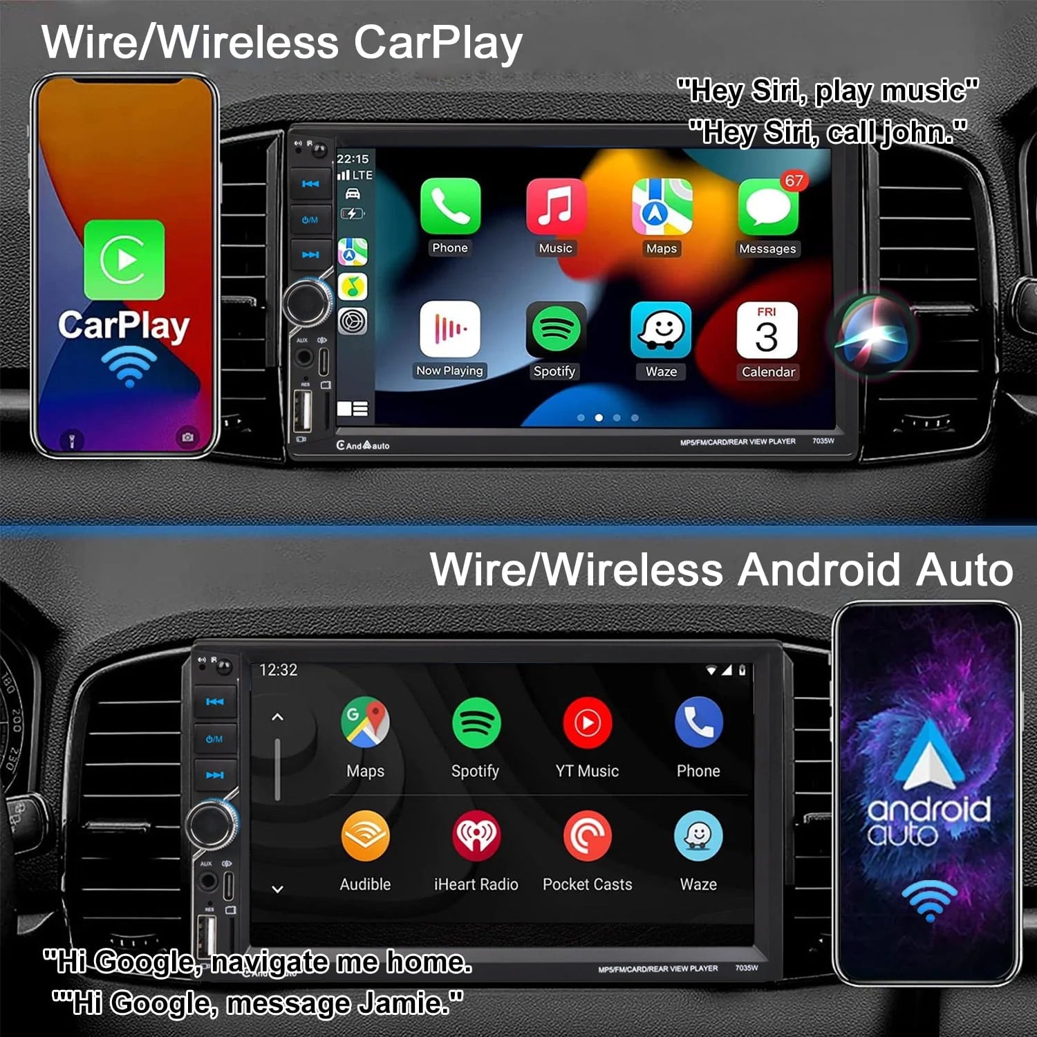 Double Din Car Stereo with Apple CarPlay, Android Auto, Bluetooth, 7" Touchscreen T458221