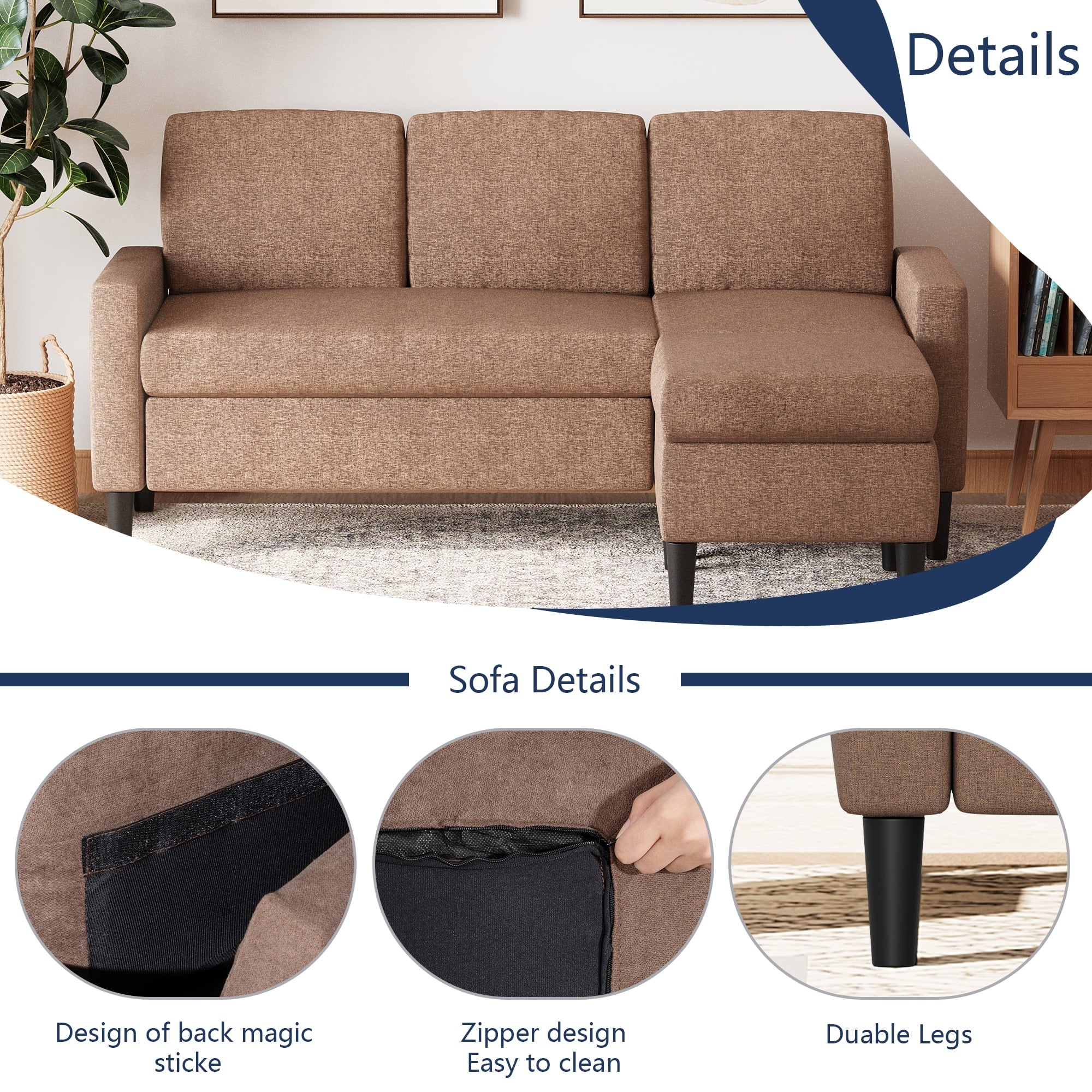 Walsunny Convertible Sectional Sofa Couch, L-Shaped with Reversible Chaise, Grayish Black A704