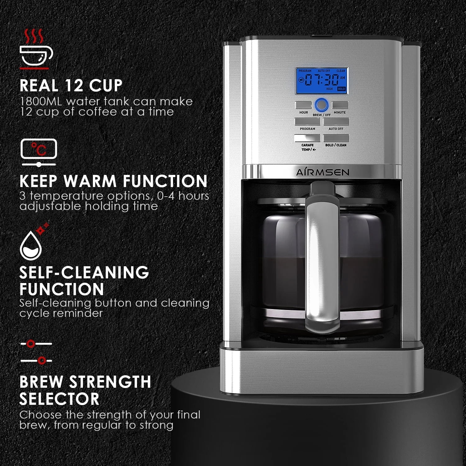 AIRMSEN Stainless Steel 12 Cup Programmable Drip Coffee Maker R555