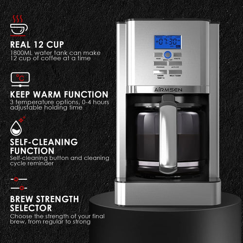 AIRMSEN Stainless Steel 12 Cup Programmable Drip Coffee Maker R555