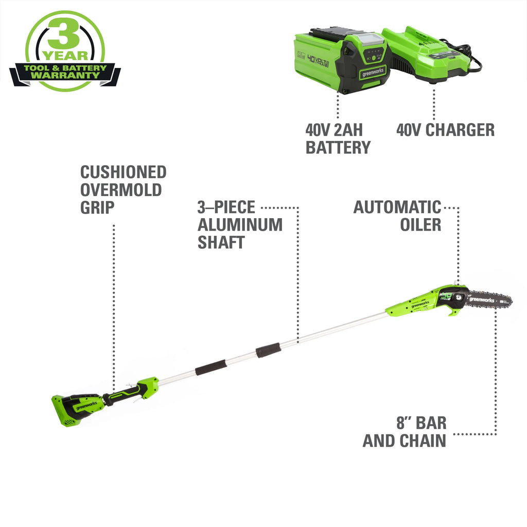 Greenworks 40V 8" Cordless Pole Saw with Battery and Charger T67663