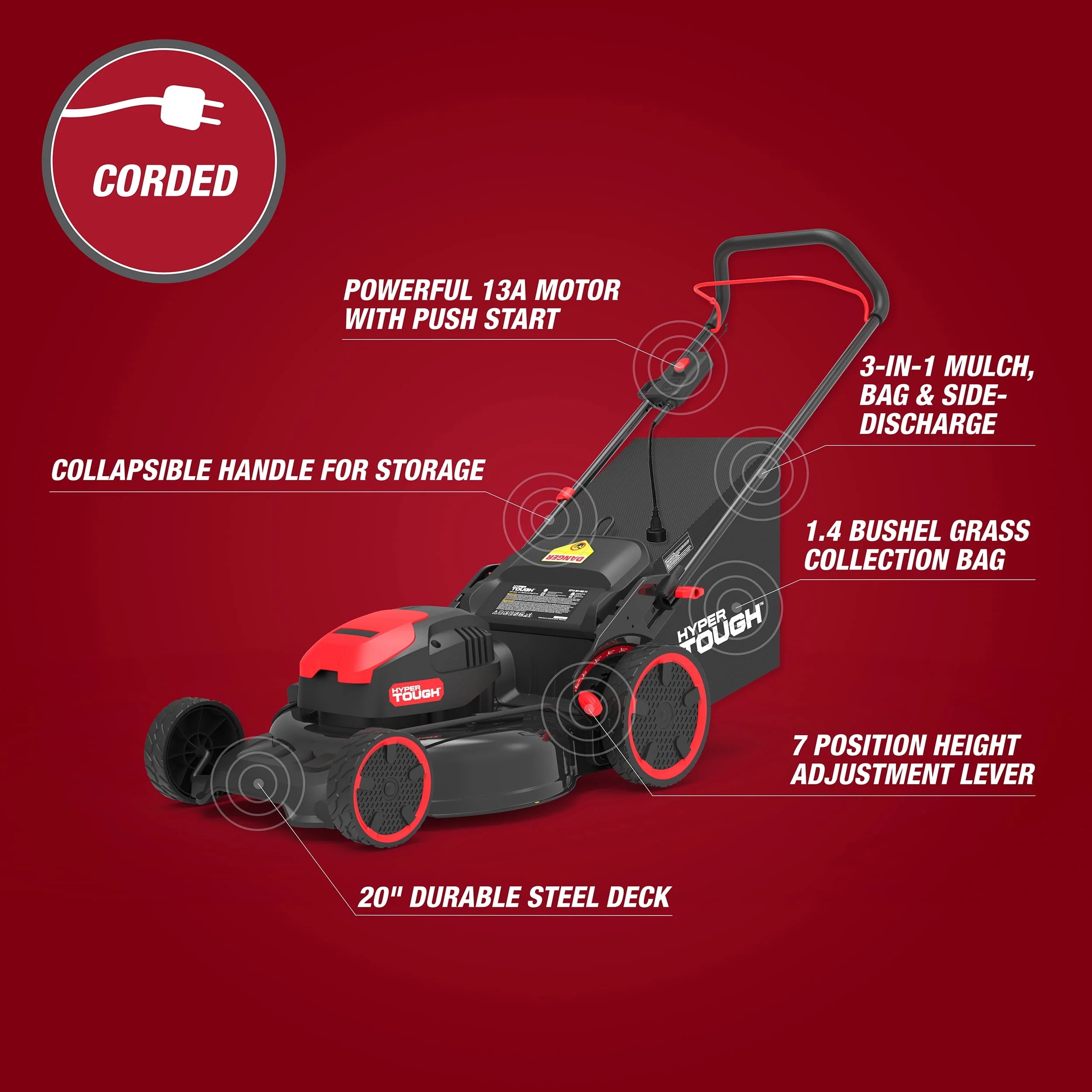 Hyper Tough 13A Corded Push Lawn Mower, 3-in-1 Bag/Mulch/Side Discharge M969