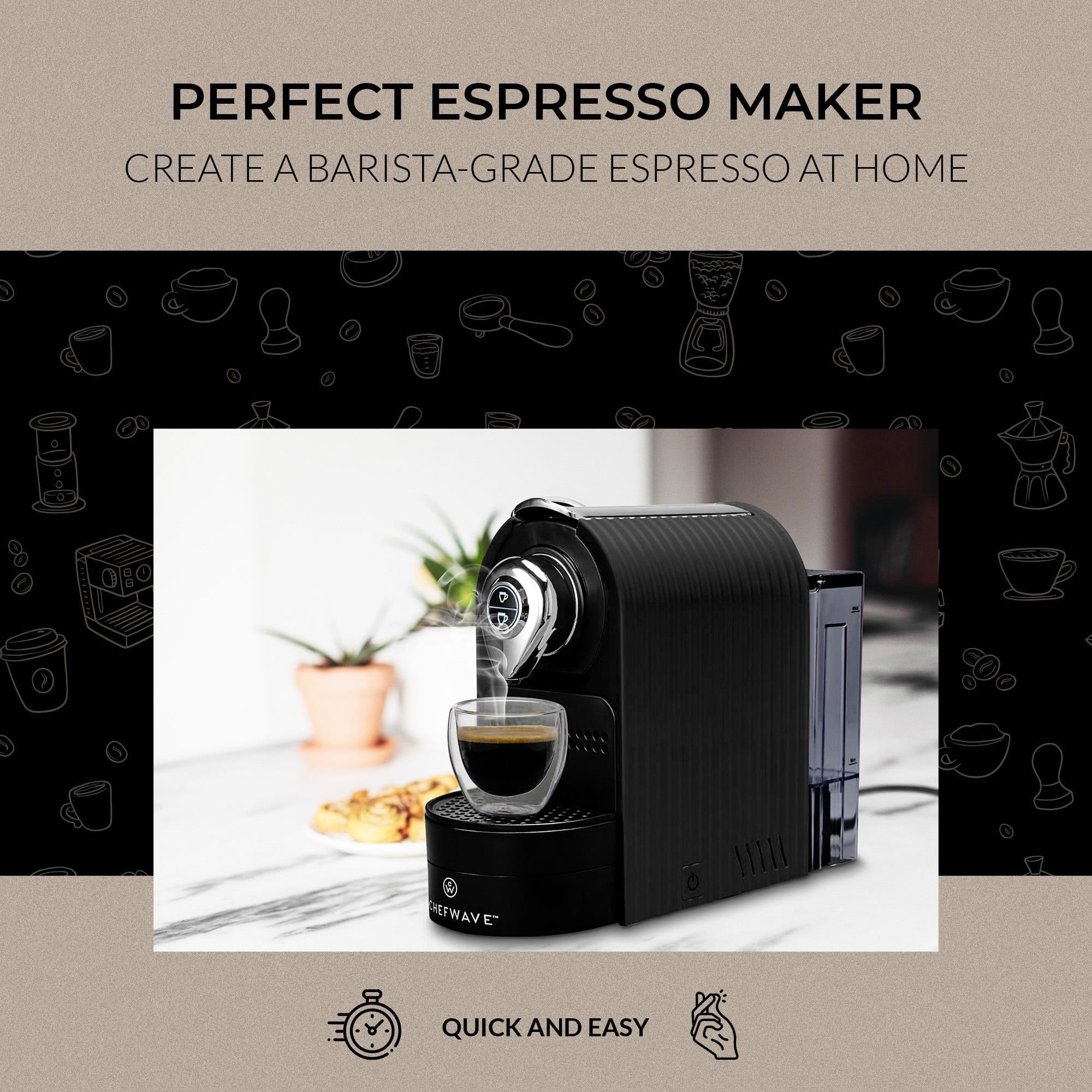 ChefWave Espresso Machine for Nespresso Capsules, Black, with Holder and Cups Z2142