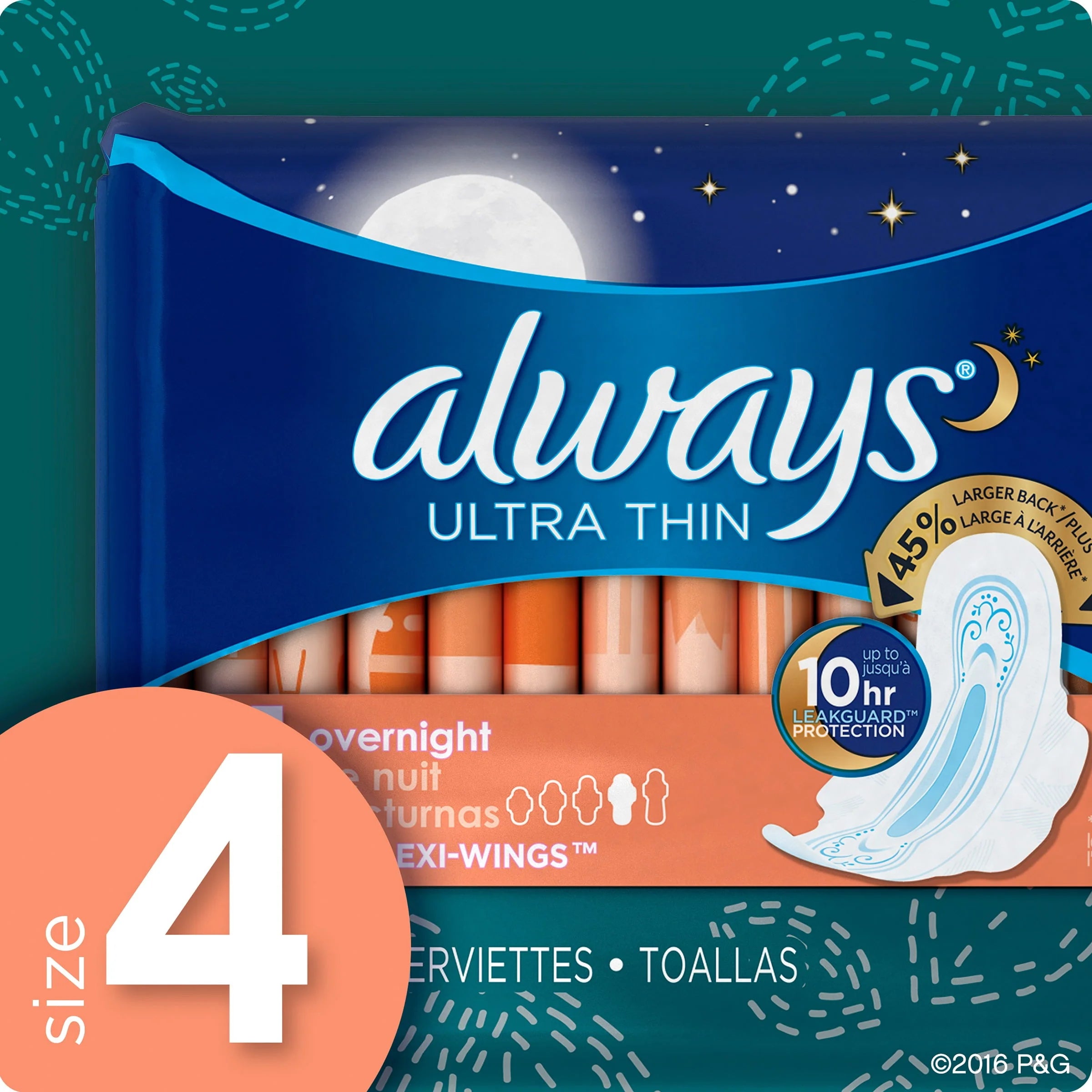 Always Ultra Thin Overnight Pads with Wings Size 4, 36 Count L6469
