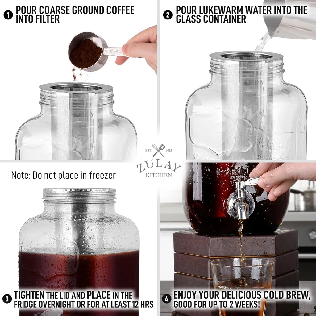 Zulay Kitchen 1 Gallon Cold Brew Coffee Maker with Glass Pitcher and Steel Filter S311521