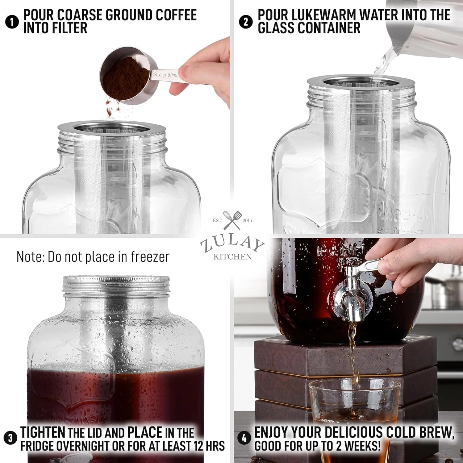 Zulay Kitchen 1 Gallon Cold Brew Coffee Maker with Glass Pitcher and Steel Filter S311521