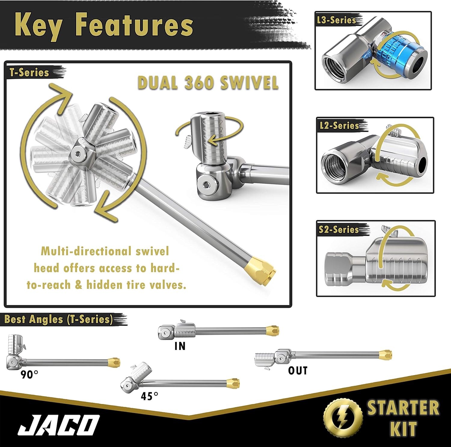 JACO Lightning Tire Air Chuck Kit (Set of 7) | Open Flow, 1/4" F-NPT L872832