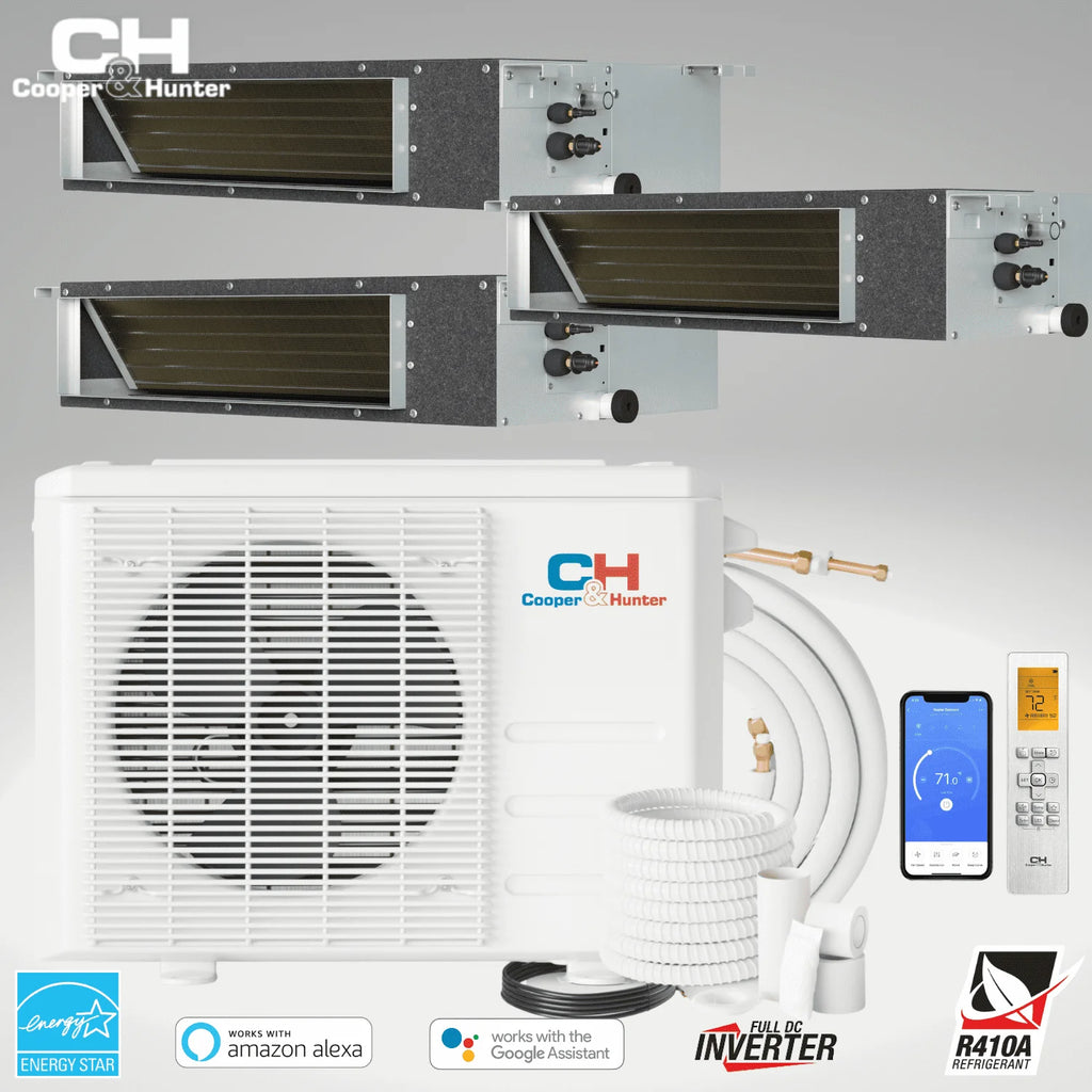 Cooper & Hunter 28000 BTU 230V Slim Ducted Tri 3 Zone Mini Split Heat Pump Air Conditioner 9K+9K+9K Cover 1200 Sq Ft