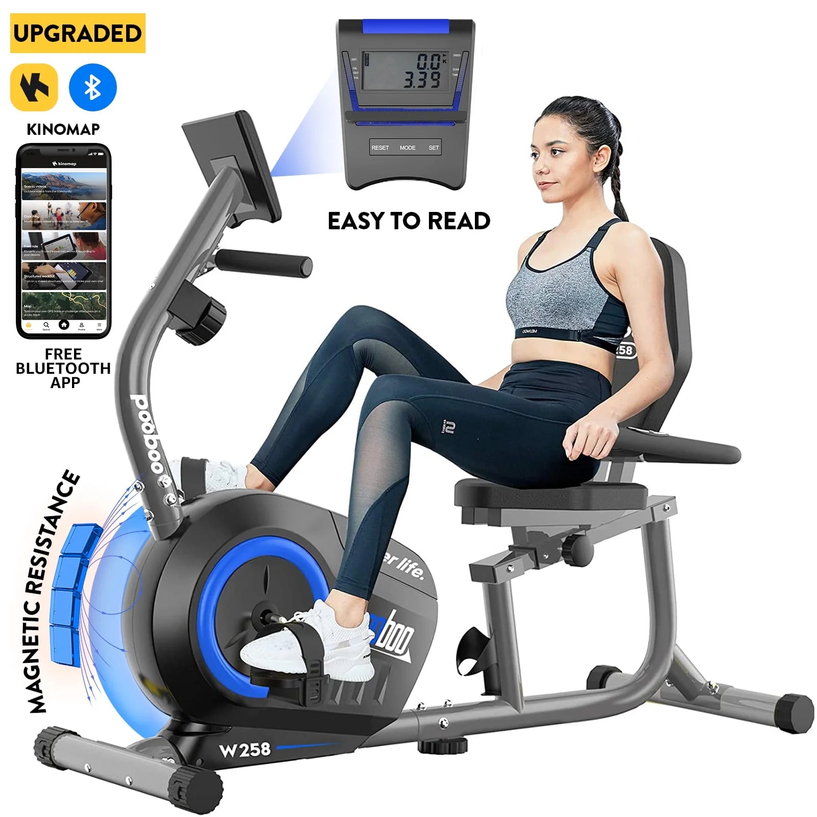 Pooboo Recumbent Exercise Bike Magnetic Resistance Indoor Cycling 380lb K92635