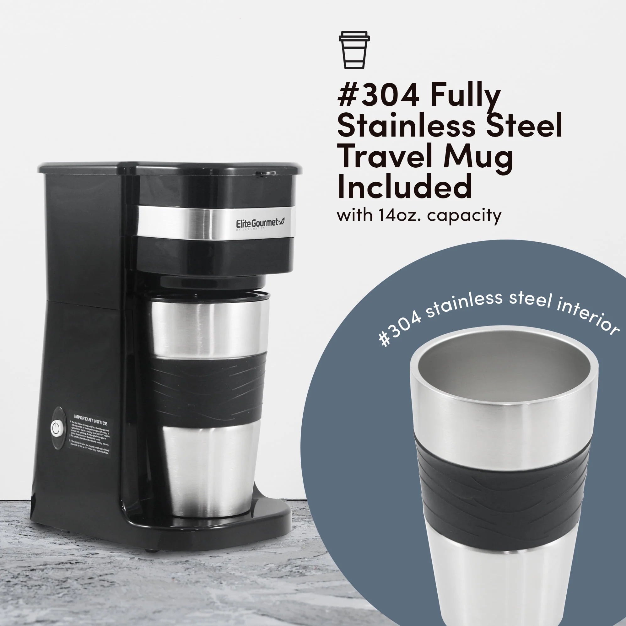 Elite Gourmet Single Serve Coffee Maker with Stainless Steel Mug C390002
