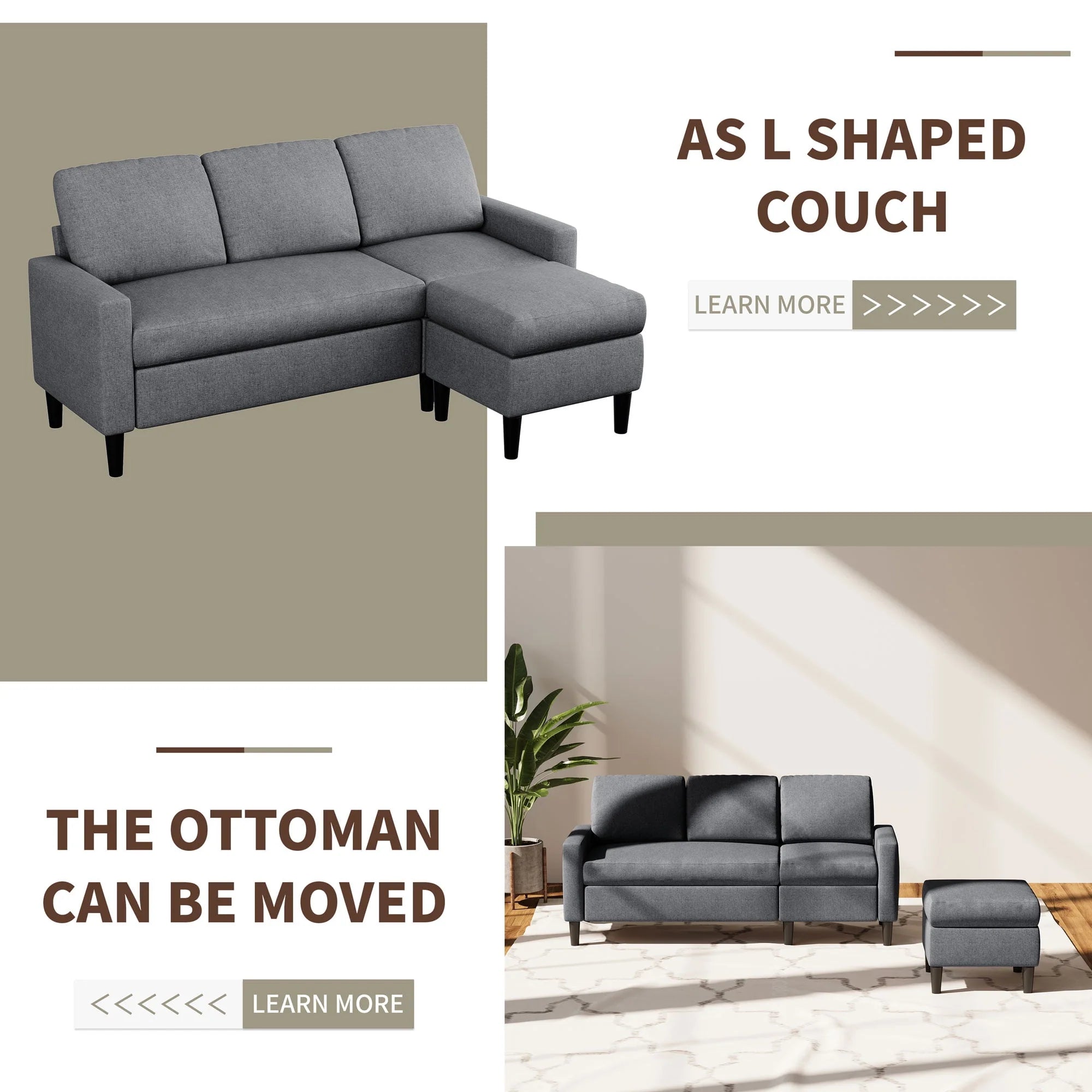 Walsunny Convertible Sectional Sofa Couch, L-Shaped with Reversible Chaise, Grayish Black A704
