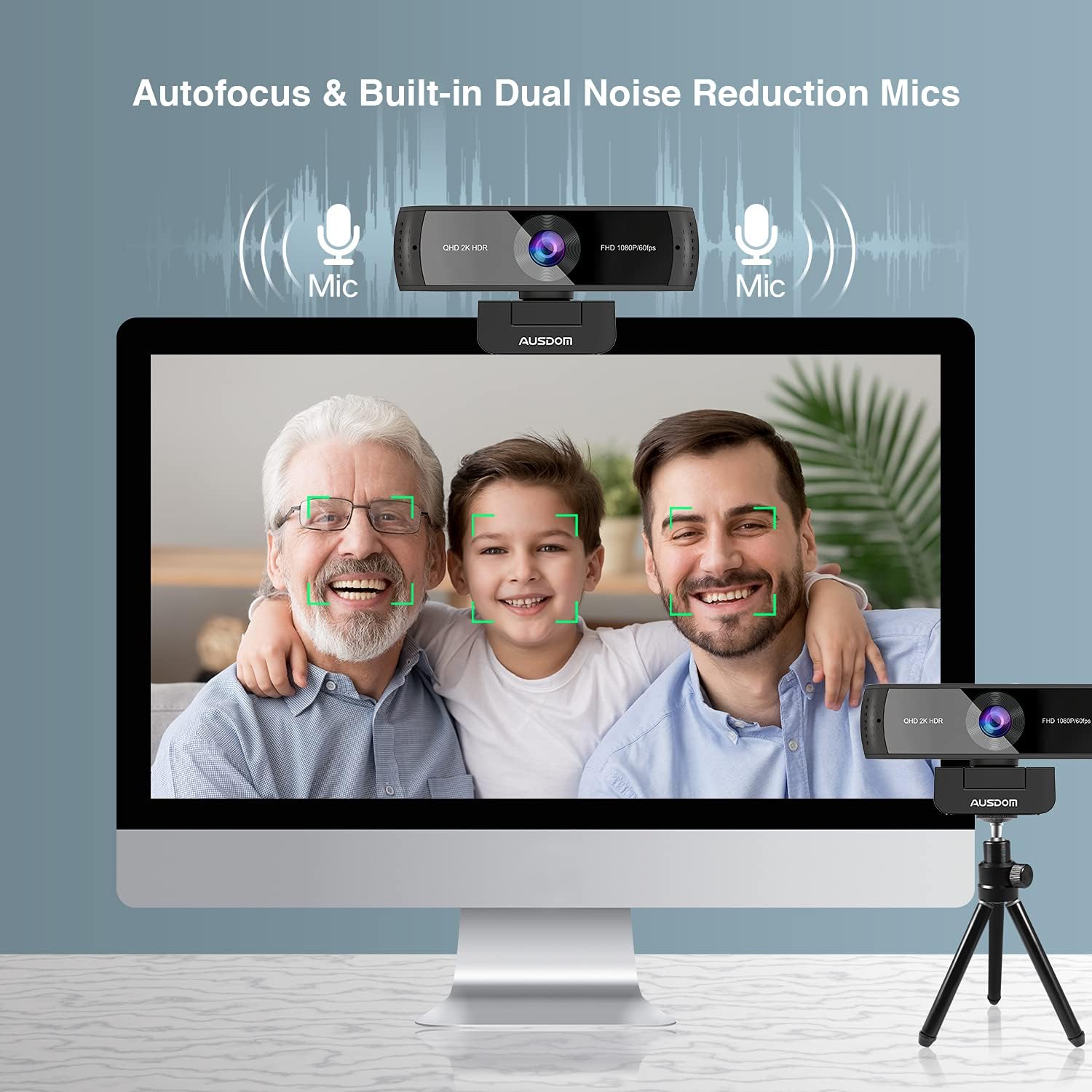 AUSDOM 2K QHD AutoFocus Webcam with Dual Microphones, Cover Slide & Tripod, AW651 Pack of 2 Q32629