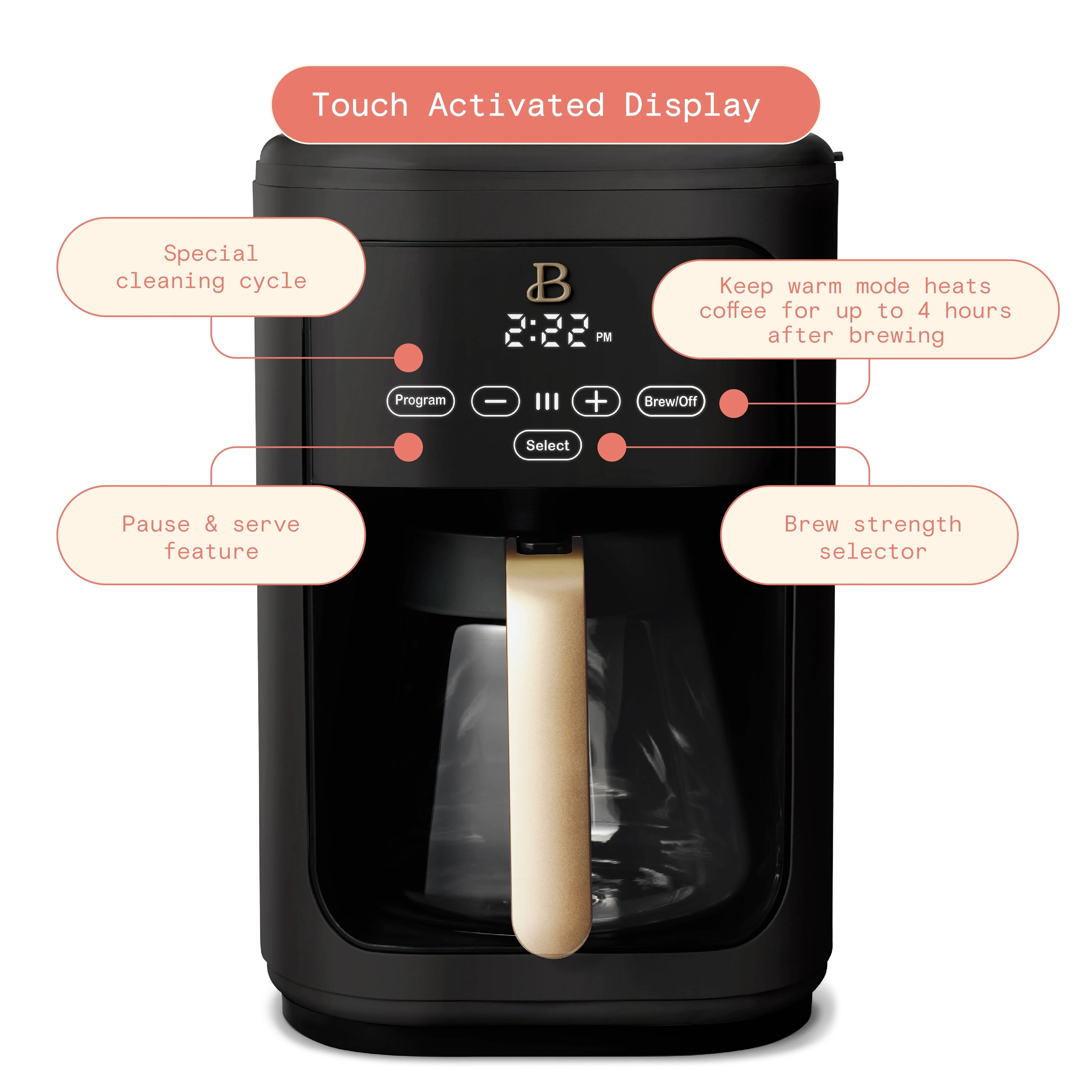 Beautiful 14-Cup Programmable Drip Coffee Maker with Touch Display, White Icing by Drew Barrymore F83994