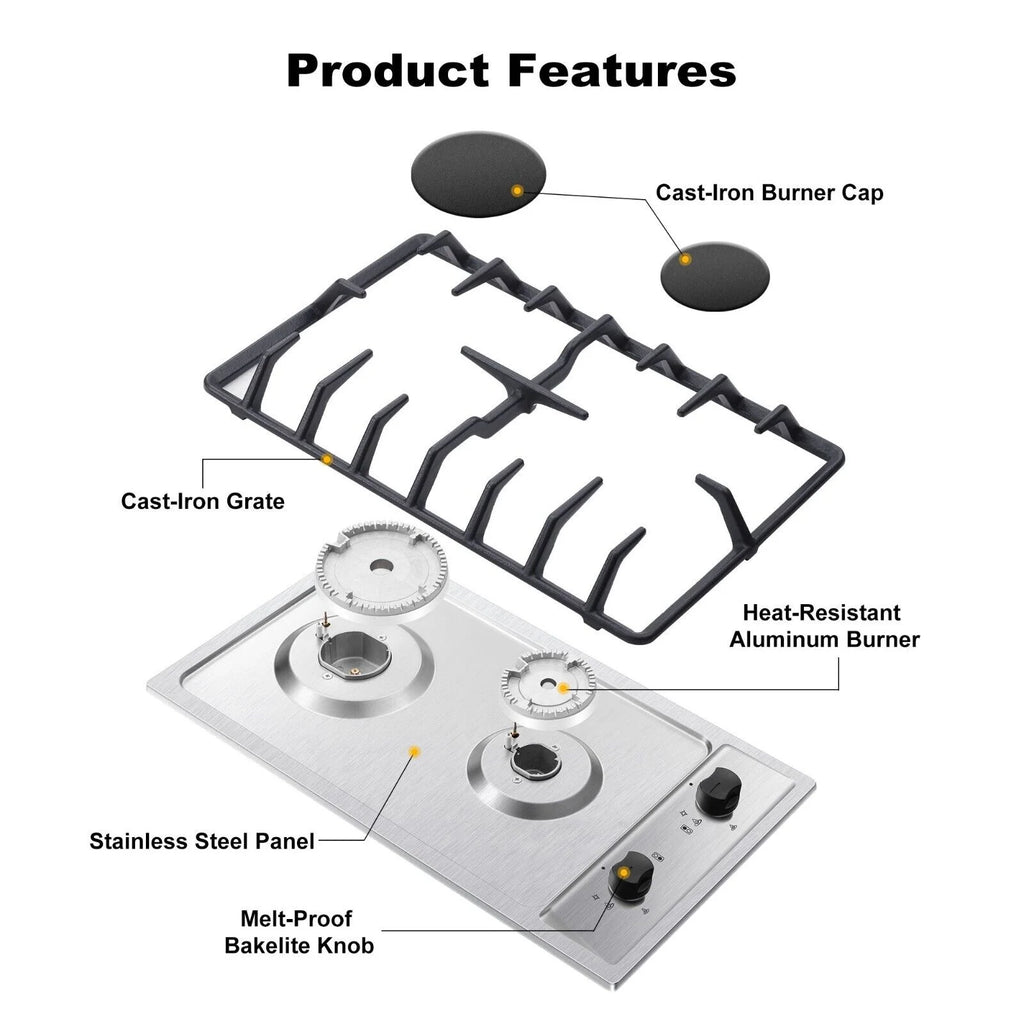 12 inch 2-Burner Stainless Steel Gas Cooktop NG/LPG Convertible W830893