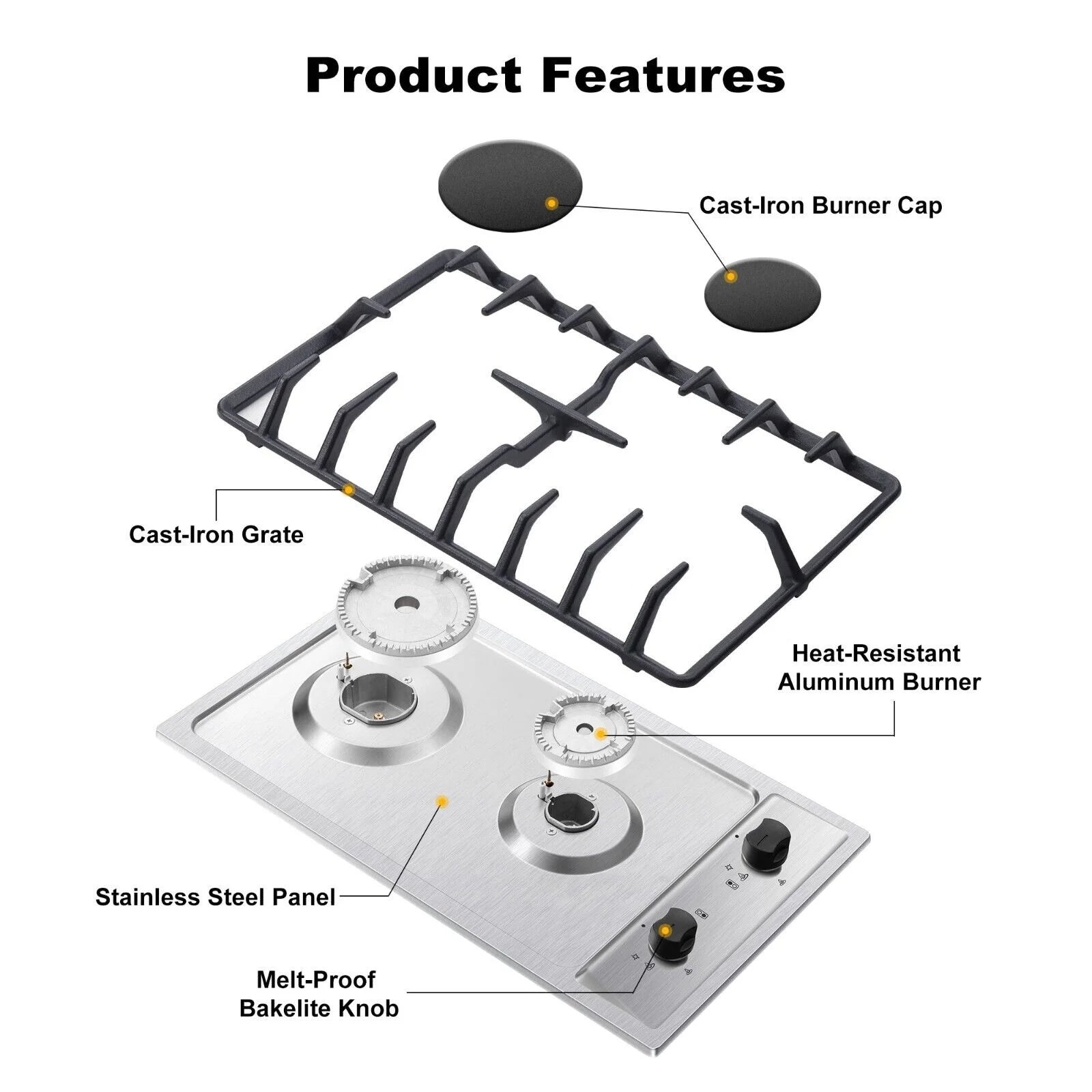 12 inch 2-Burner Stainless Steel Gas Cooktop NG/LPG Convertible W830893