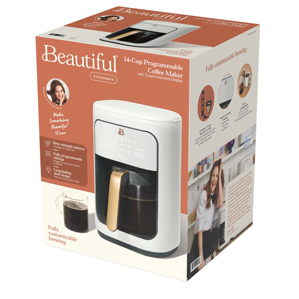 Beautiful 14-Cup Programmable Drip Coffee Maker with Touch Display, White Icing by Drew Barrymore F83994