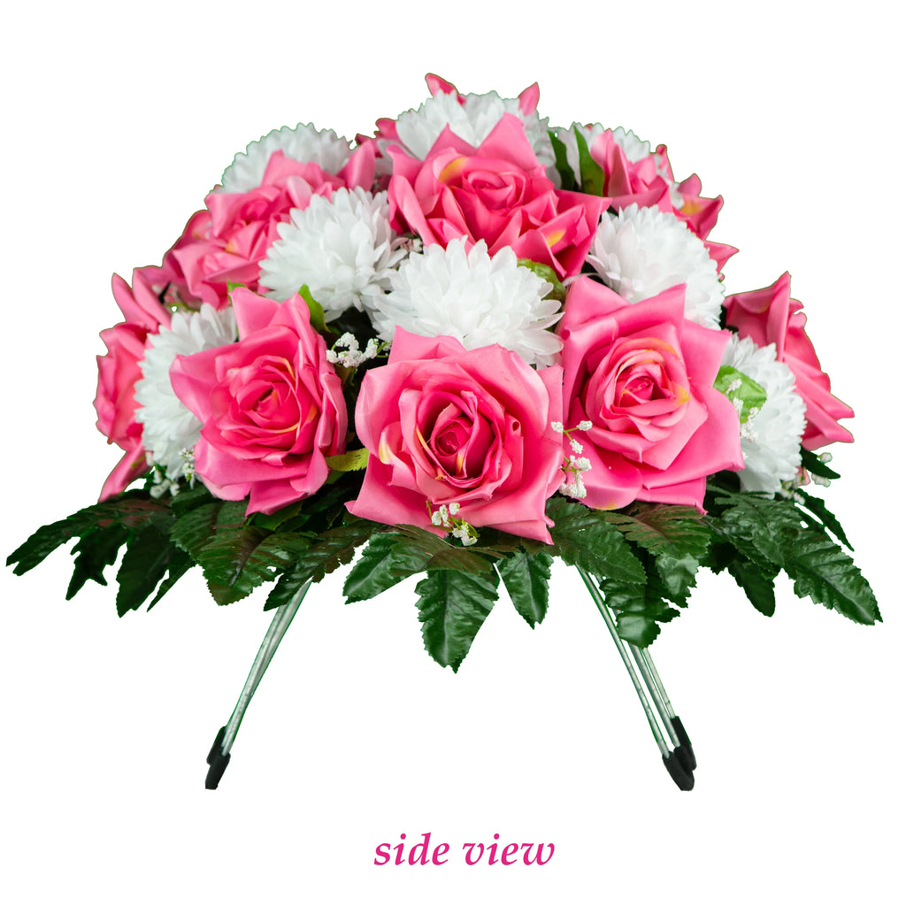 Sympathy Silks Artificial Cemetery Flowers 30" Beauty Pink Open Rose/White Mum Saddle S7779