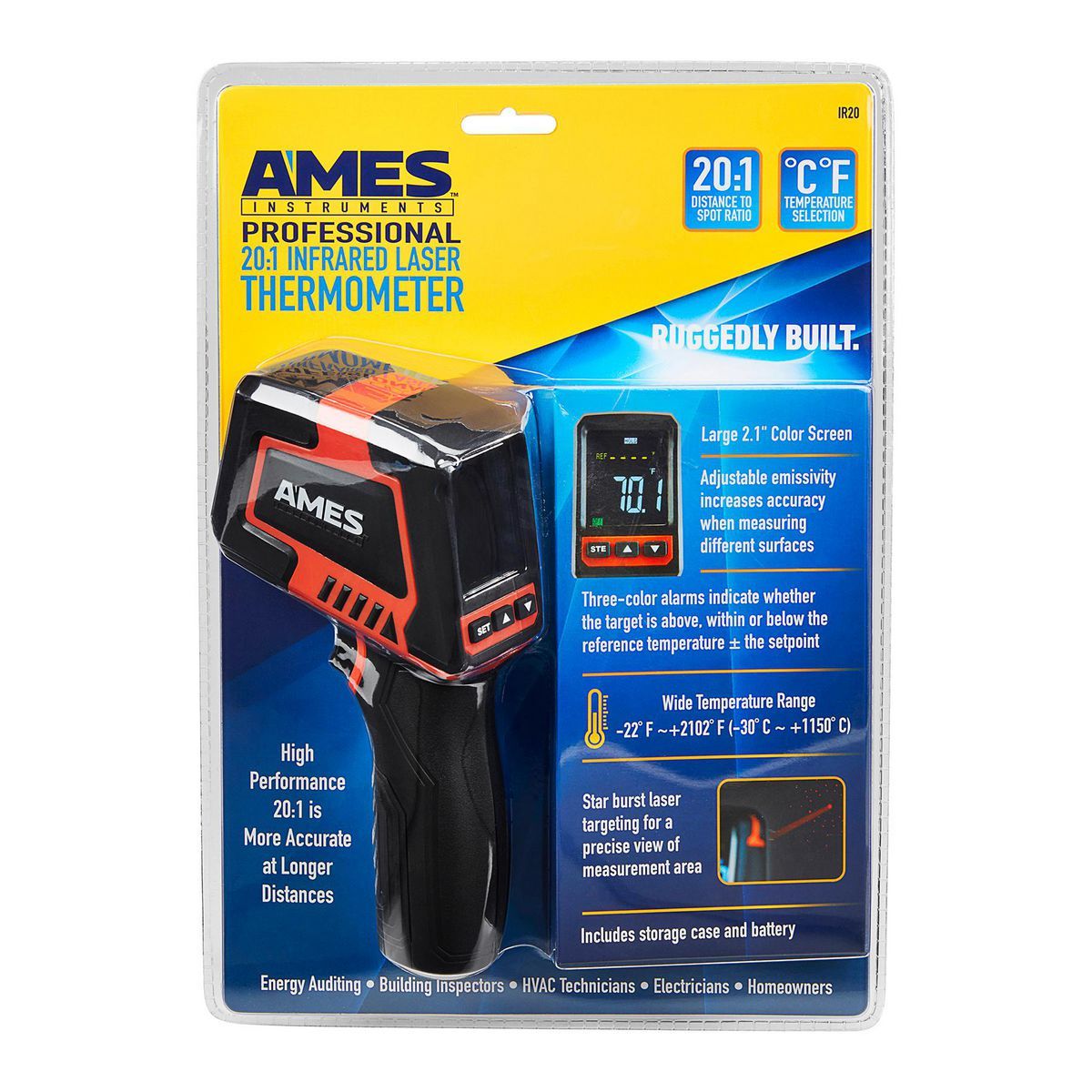 AMES INSTRUMENTS 20:1 Infrared Laser Thermometer with Color Alarms H2615