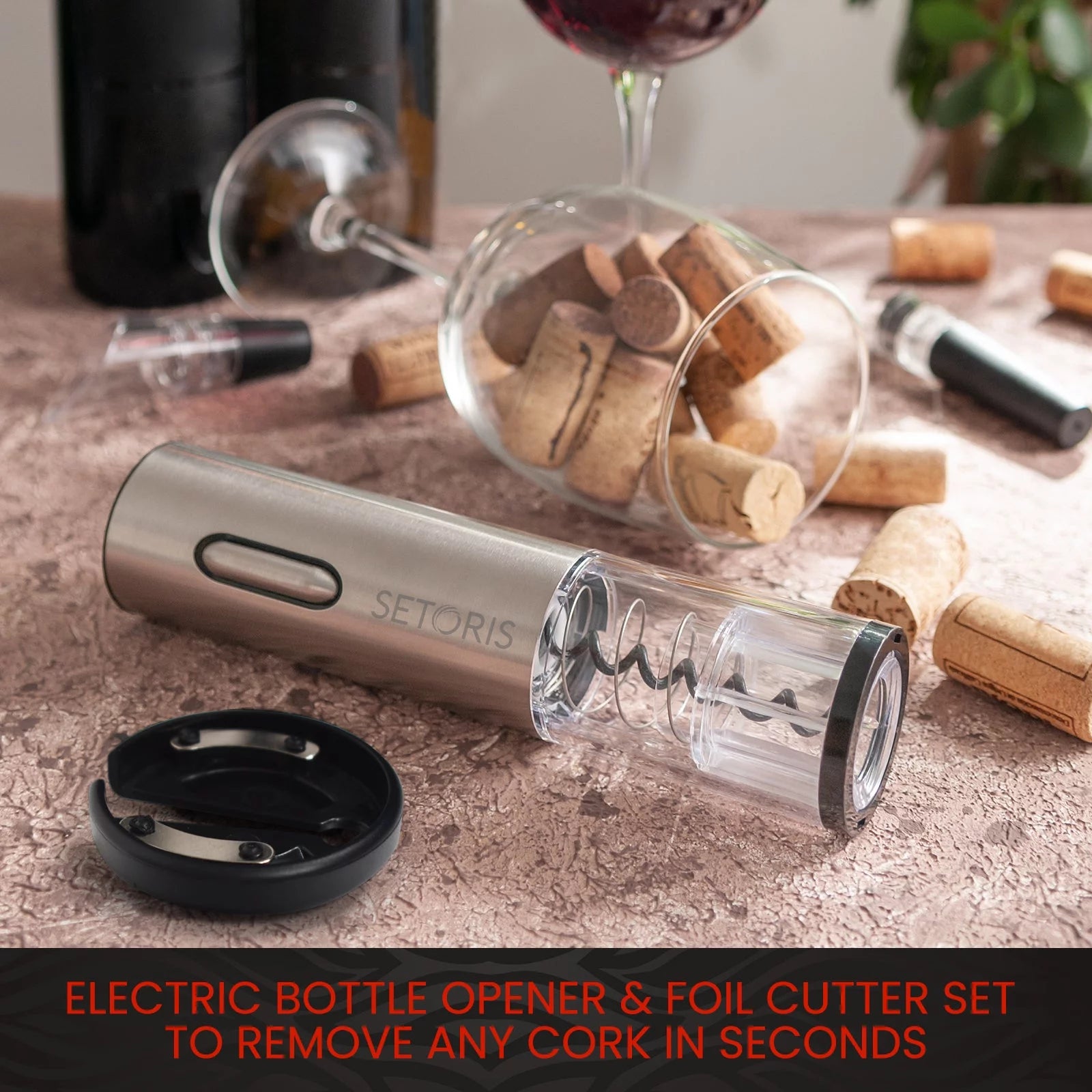 SETORIS Electric Wine Opener with Foil Cutter, Rechargeable Stainless Steel P59641