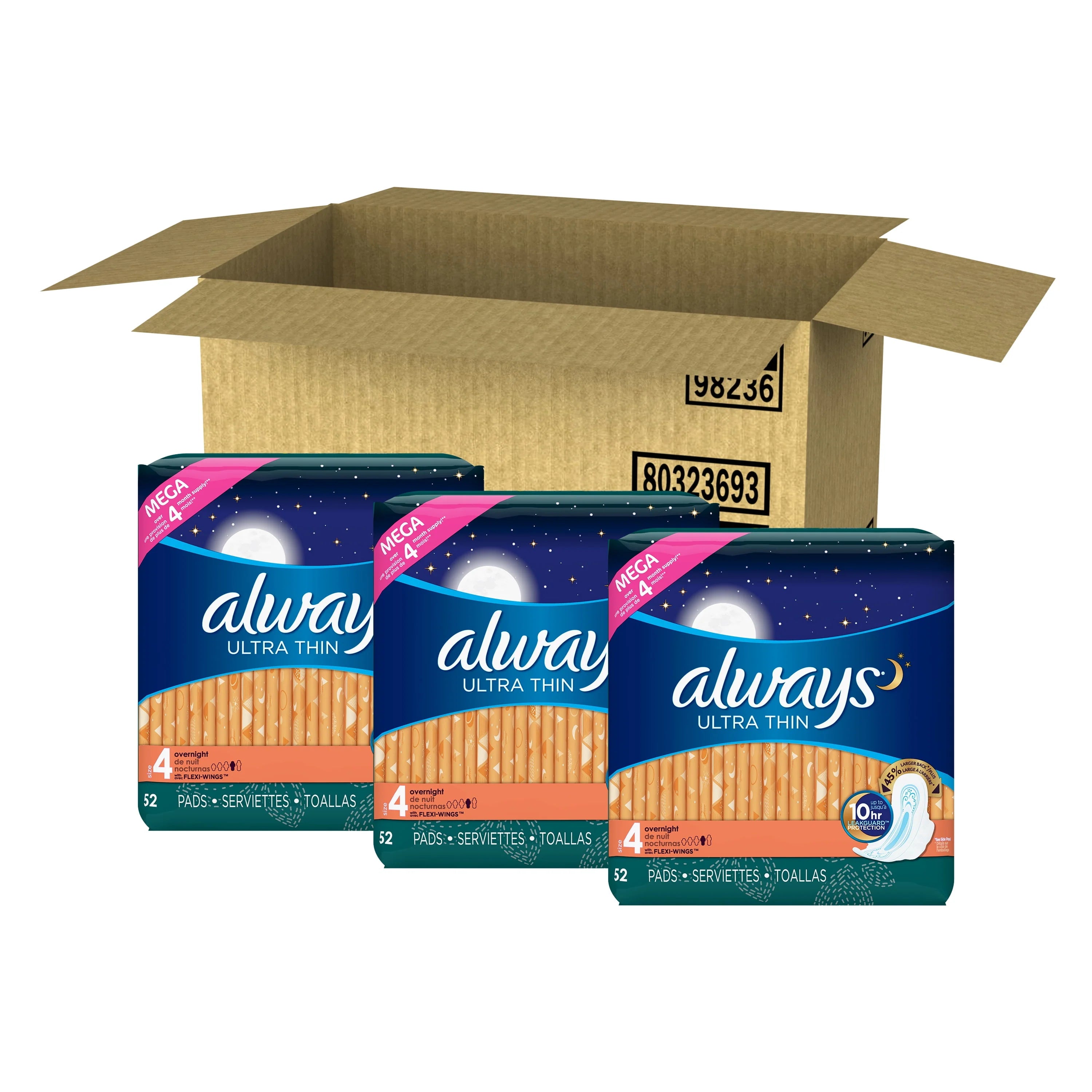 Always Ultra Thin Overnight Pads with Wings Size 4, 36 Count L6469
