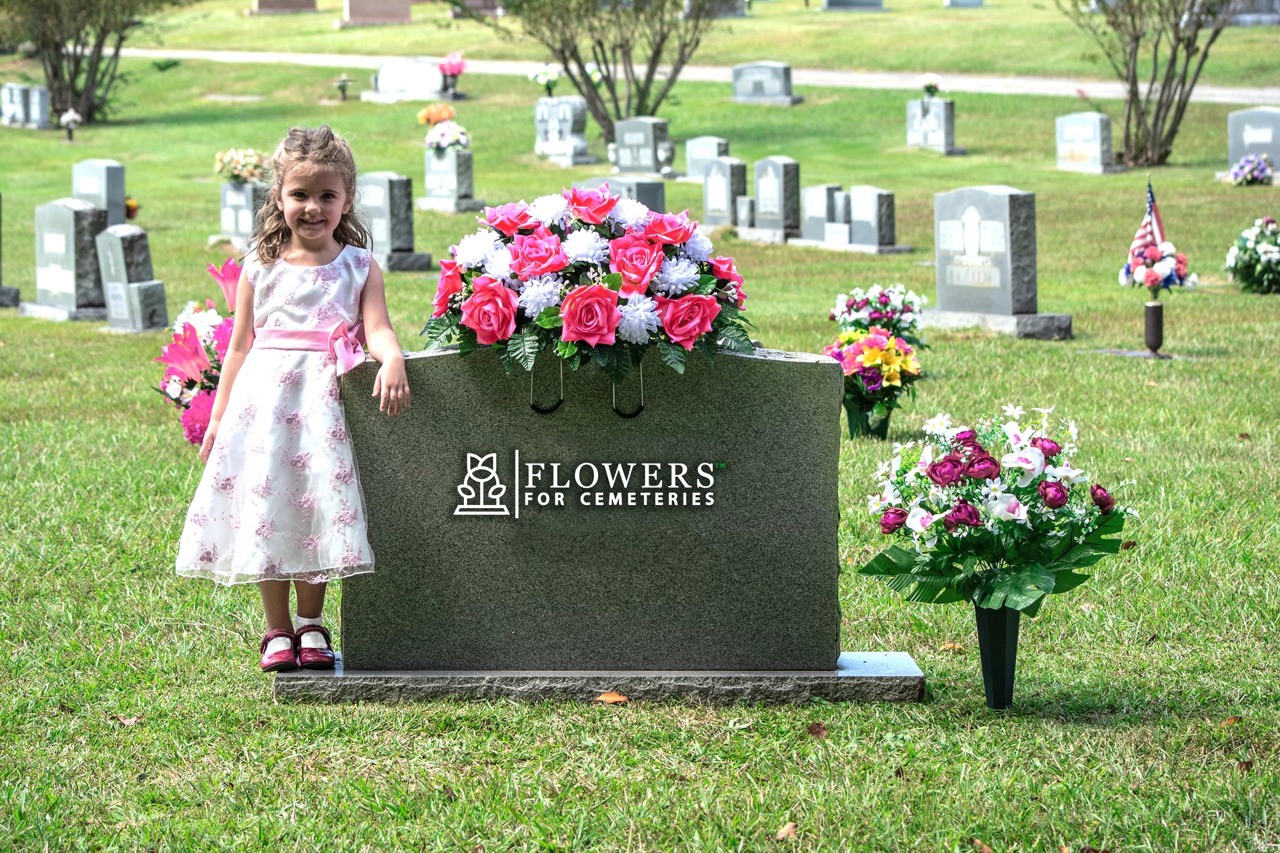 Sympathy Silks Artificial Cemetery Flowers 30" Beauty Pink Open Rose/White Mum Saddle S7779