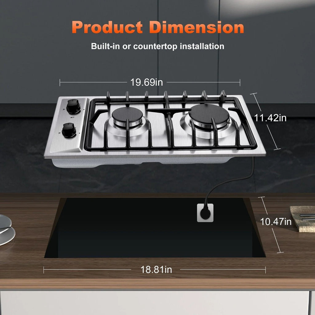 12 inch 2-Burner Stainless Steel Gas Cooktop NG/LPG Convertible W830893