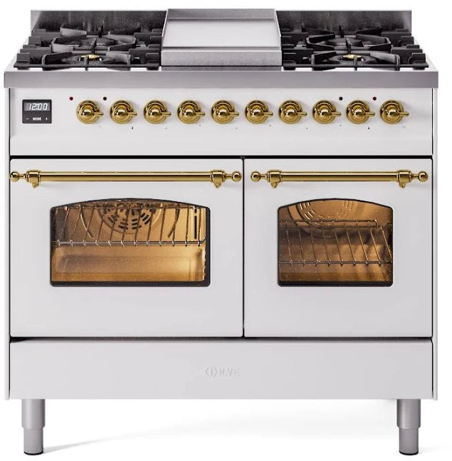 ILVE Nostalgie II 40 Dual Fuel Natural Gas Range in White with Brass Trim, UPD40FNMPWHG