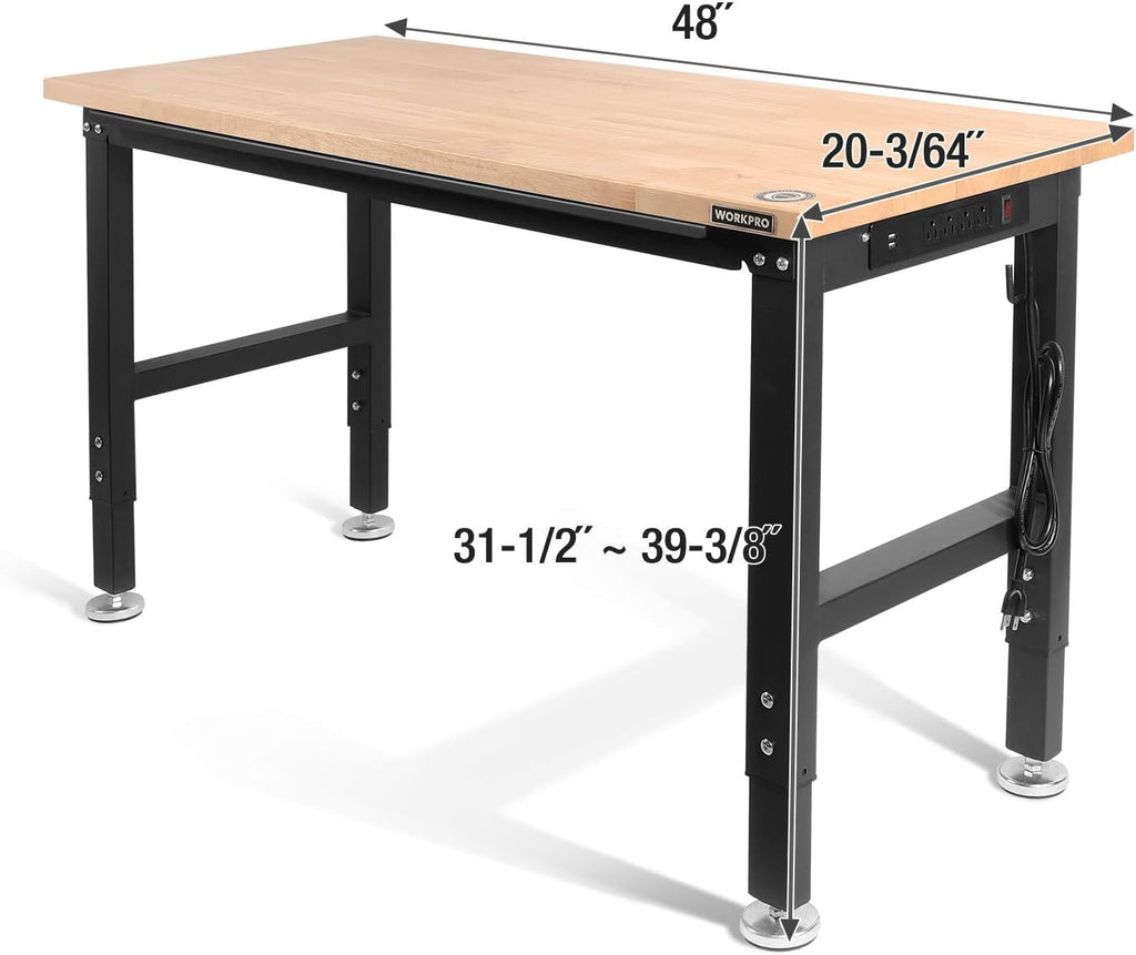 WORKPRO 48" Adjustable Workbench with Rubber Wood Top and Power Outlets T368611