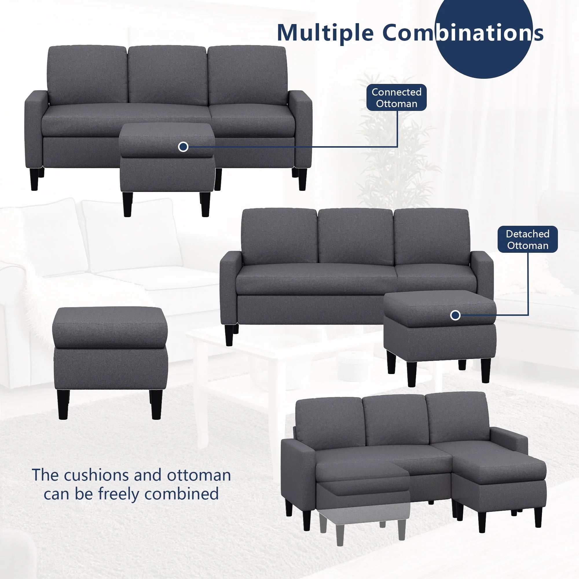 Walsunny Convertible Sectional Sofa Couch, L-Shaped with Reversible Chaise, Grayish Black A704