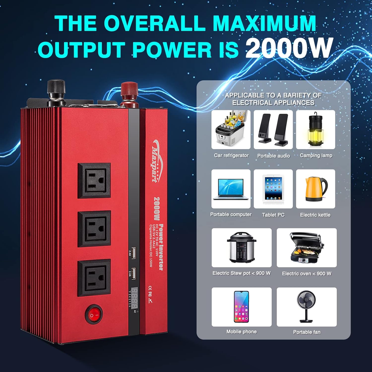 Maxpart 2000W Power Inverter 12V DC to 110V AC with 3 AC Outlets and USB Port D564