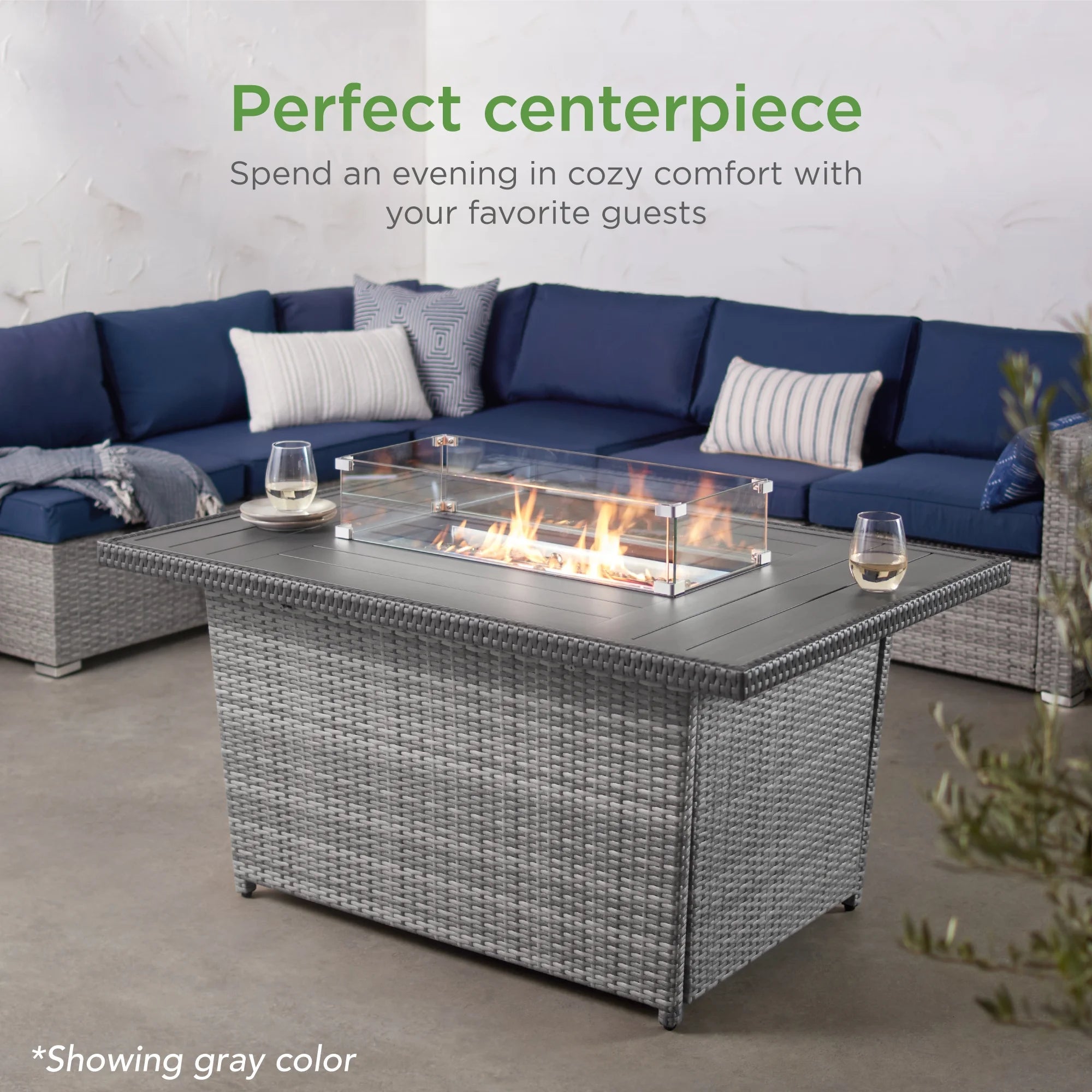 Best Choice Products 52in Wicker Propane Gas Fire Pit Table with Glass Wind Guard, Gray R265