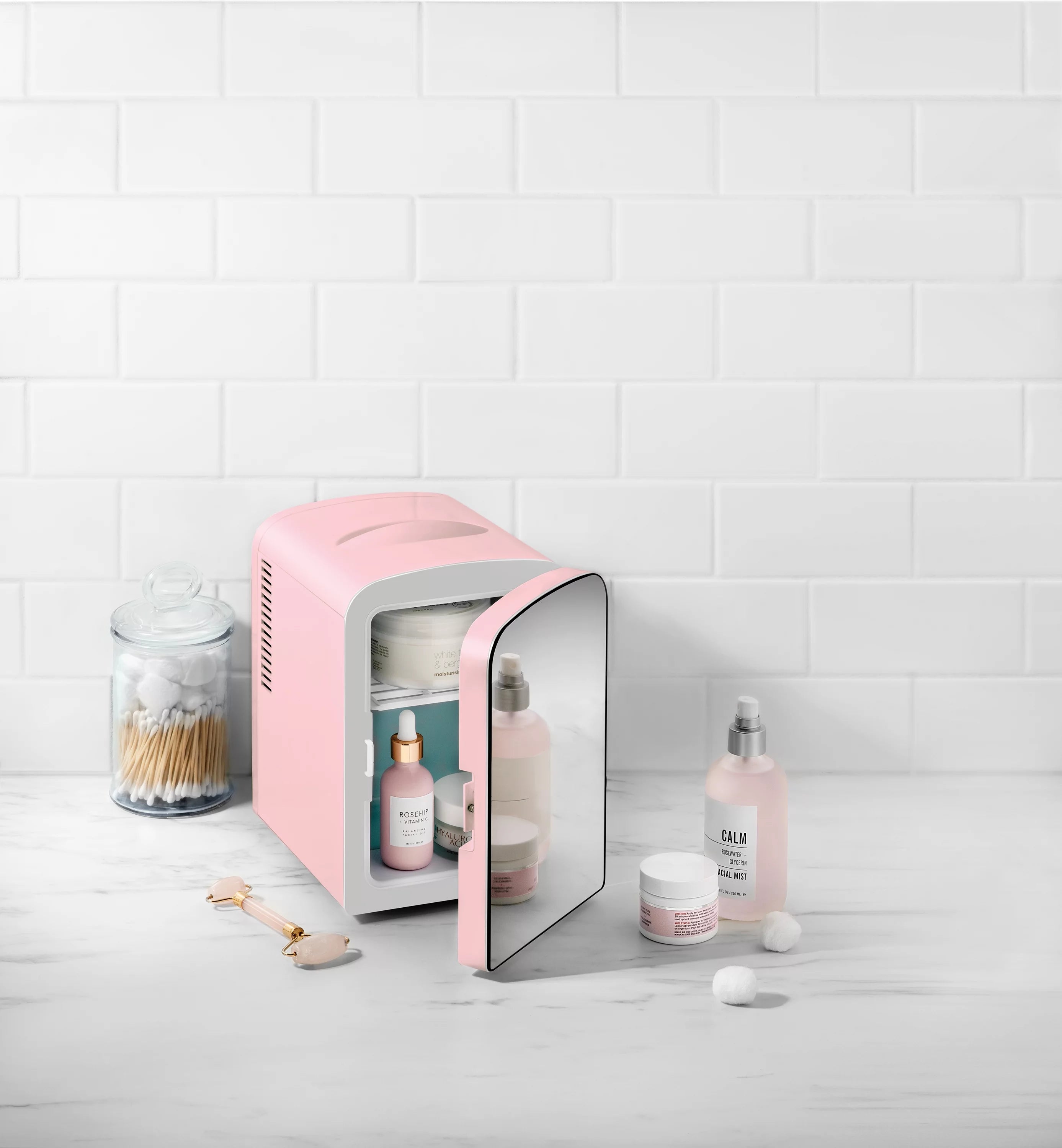 Chefman Portable Mirrored 4L Mini Fridge with Heating and Cooling, Pink R63610