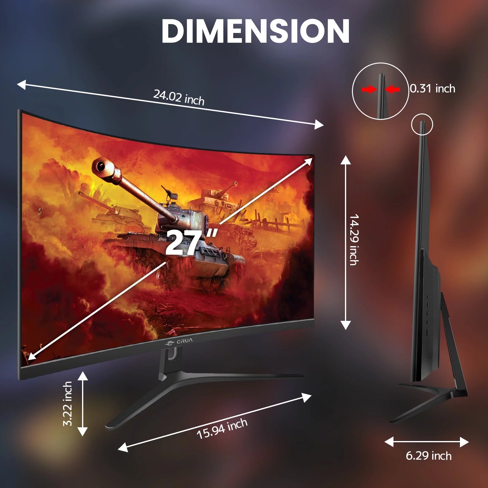 CRUA 27" 165Hz Curved Gaming Monitor FHD 1080P FreeSync 1800R J194430