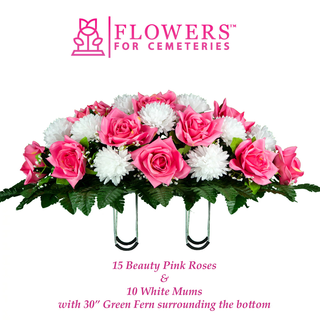 Sympathy Silks Artificial Cemetery Flowers 30" Beauty Pink Open Rose/White Mum Saddle S7779