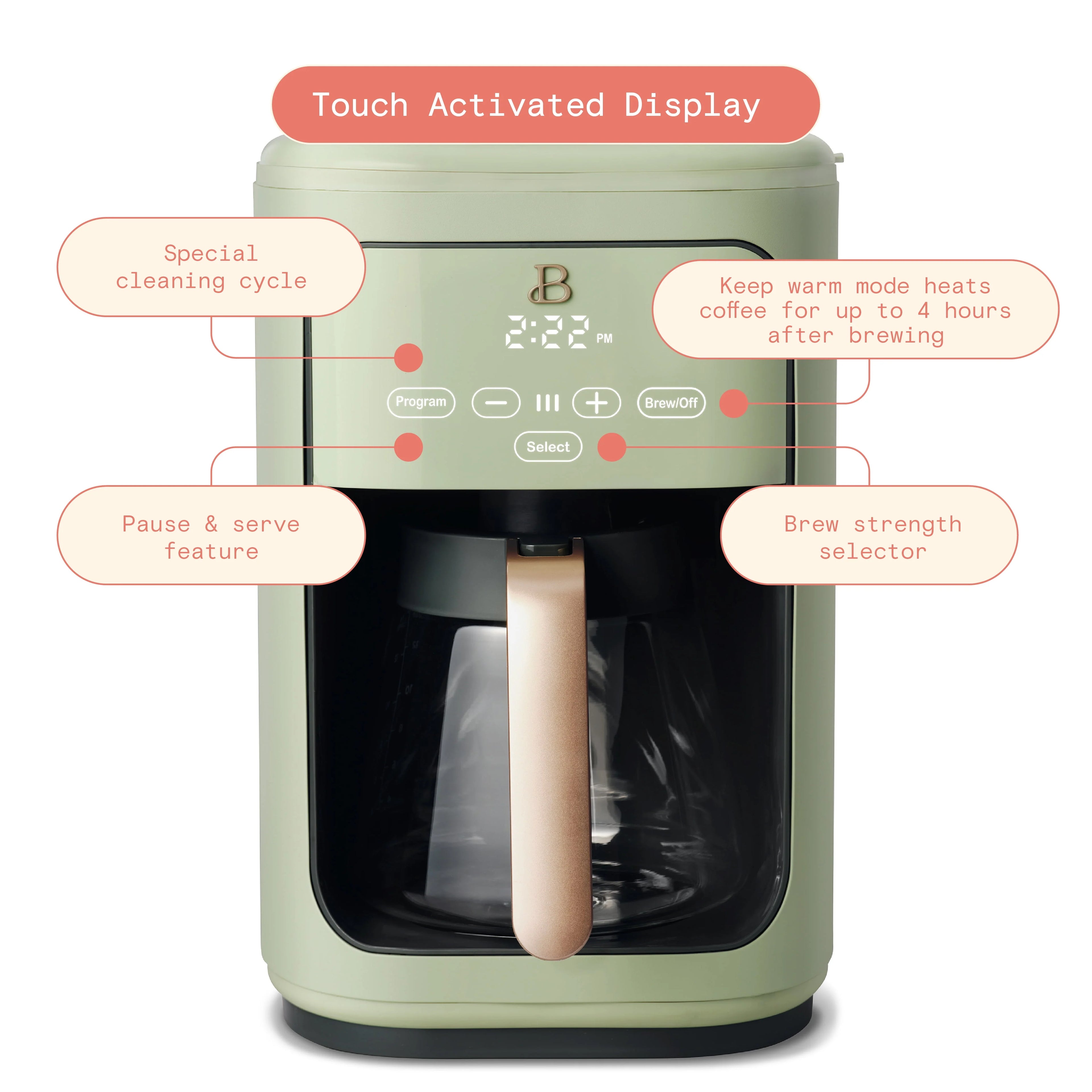 Beautiful 14-Cup Programmable Drip Coffee Maker with Touch Display, White Icing by Drew Barrymore F83994