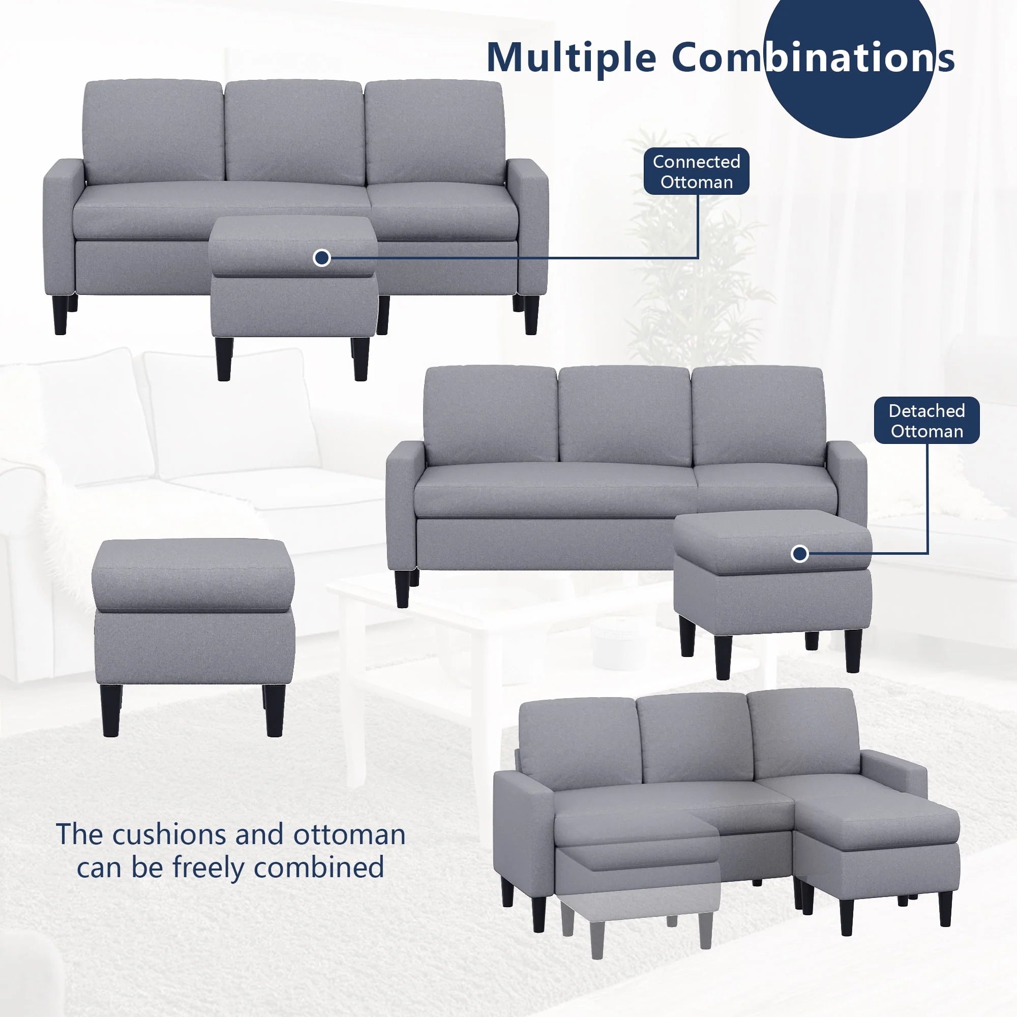 Walsunny Convertible Sectional Sofa Couch, L-Shaped with Reversible Chaise, Grayish Black A704