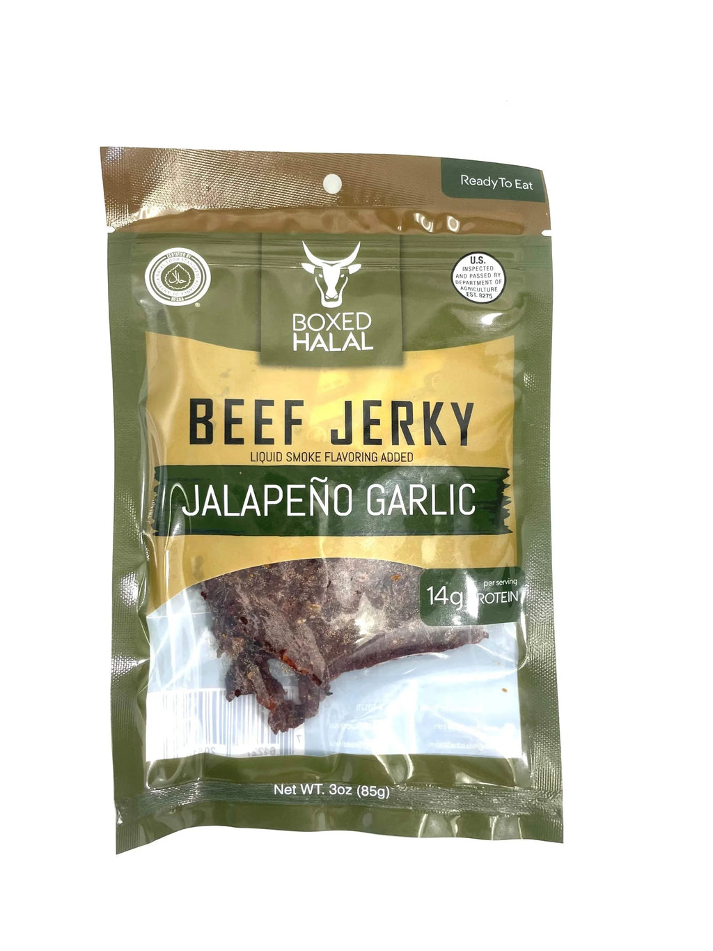 BOXED HALAL Premium 100% Grass-Fed Jalapeño Garlic Beef Jerky, 13g Protein, Keto Friendly, 3 Oz. Bags (3 Pack) G829