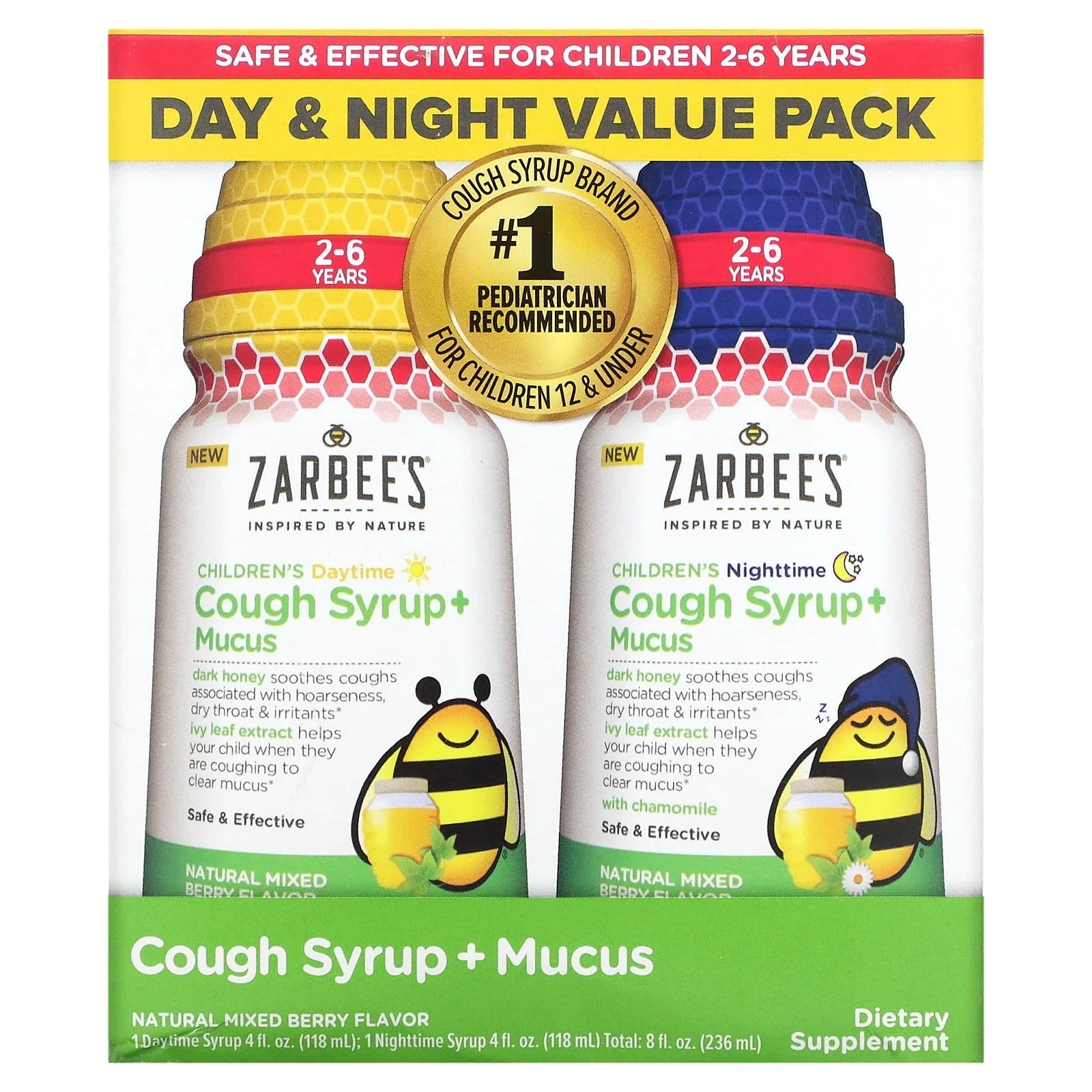 Zarbee's Kids Cough + Mucus Day/Night with Honey, Ivy Leaf, Zinc & Elderberry, Mixed Berry, 2x4FL Oz