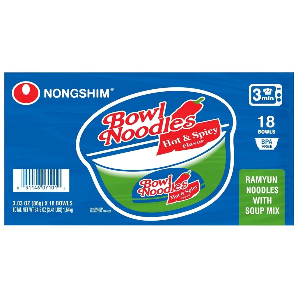 Nongshim Bowl Noodle Hot & Spicy Beef Ramen, 3.03 oz (Pack of 18) L236