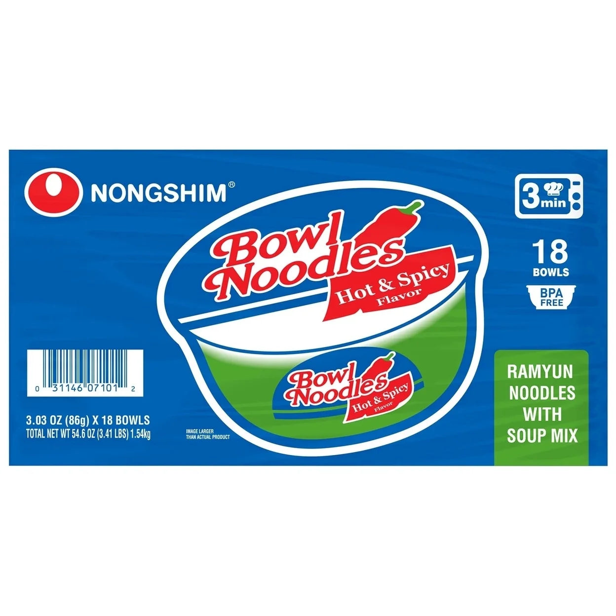 Nongshim Bowl Noodle Hot & Spicy Beef Ramen, 3.03 oz (Pack of 18) L236