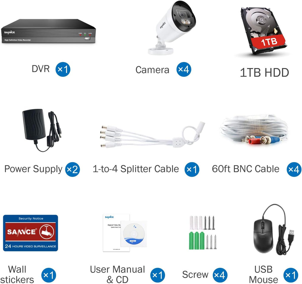 SANNCE 1080P 8 Channel Wired Security Camera System with 4 Cameras, Full Color Night Vision Q750976