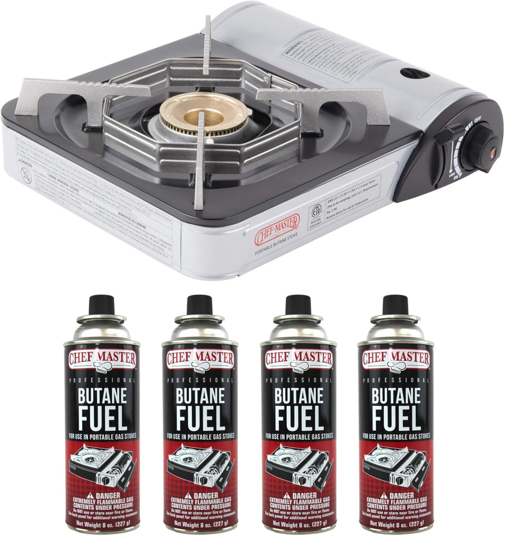 CHEF MASTER 90011 Portable Butane Stove | 10,000 BTU Outlet | Camp Kitchen Equipment | Emergency Stove | Hurricane Stove | Single Burner Camp Stove | Camping Cooking Stove + 4 Fuel Canisters Pack of 2